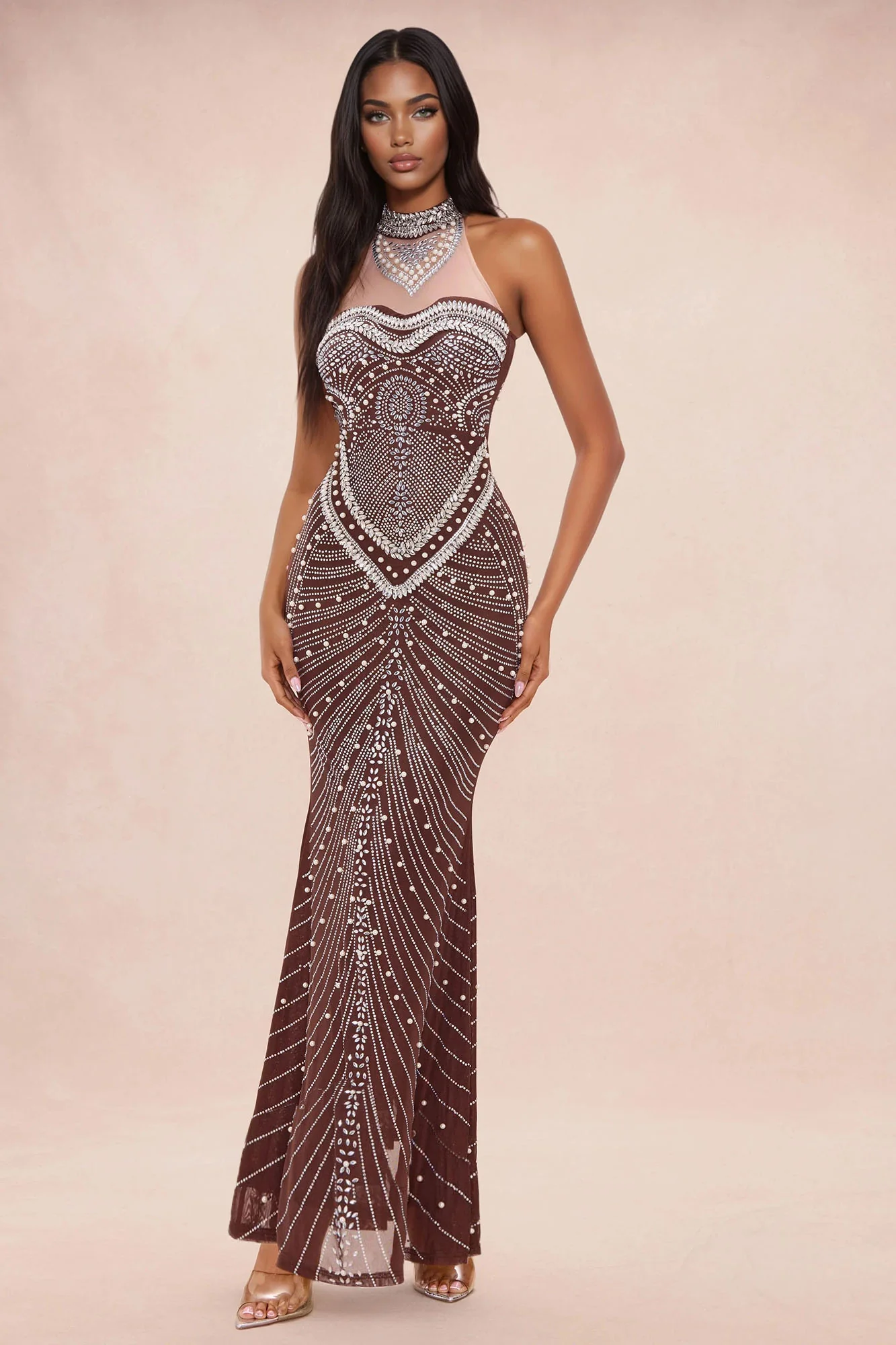 Hollywood Glam Embellished Gown - Chocolate