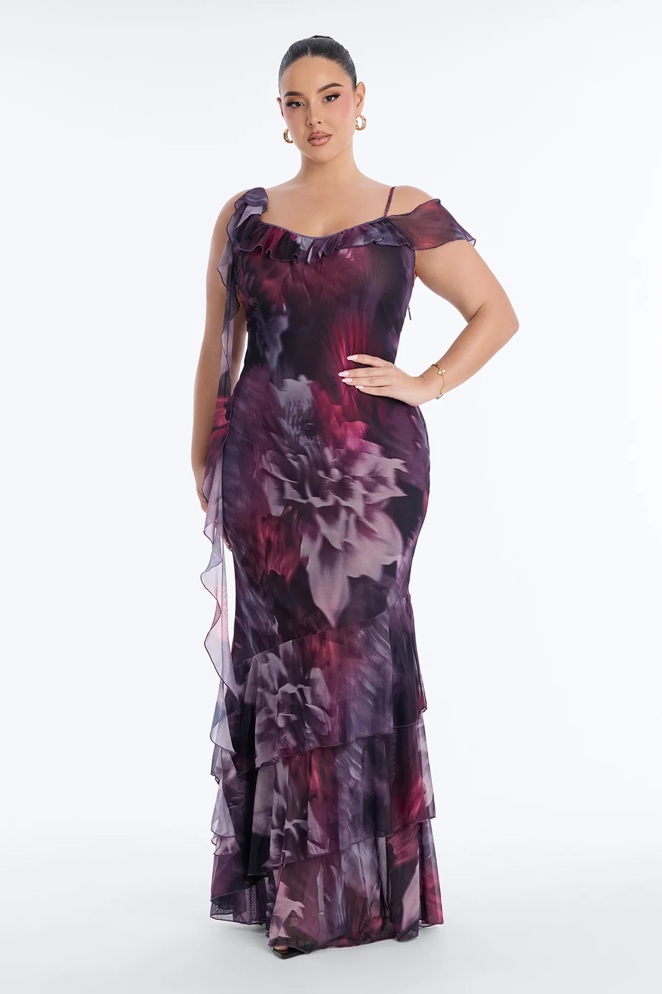 Hopeless Romantic Ruffle Mesh Maxi Dress - Plum/Multi - Image 5