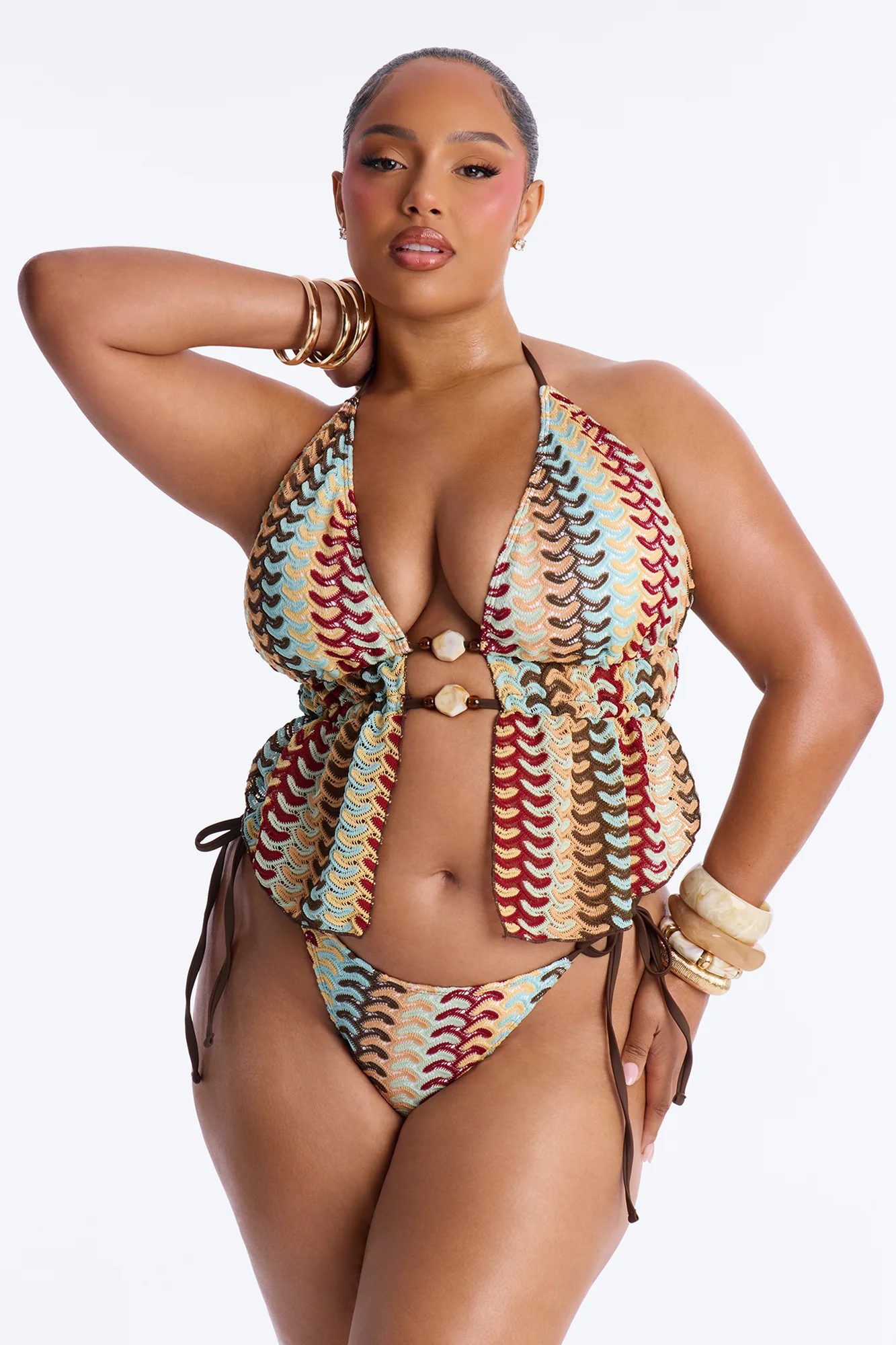Hot And Sandy 2 Piece Textured Tankini Beaded Bikini Set - Brown/combo - Image 4