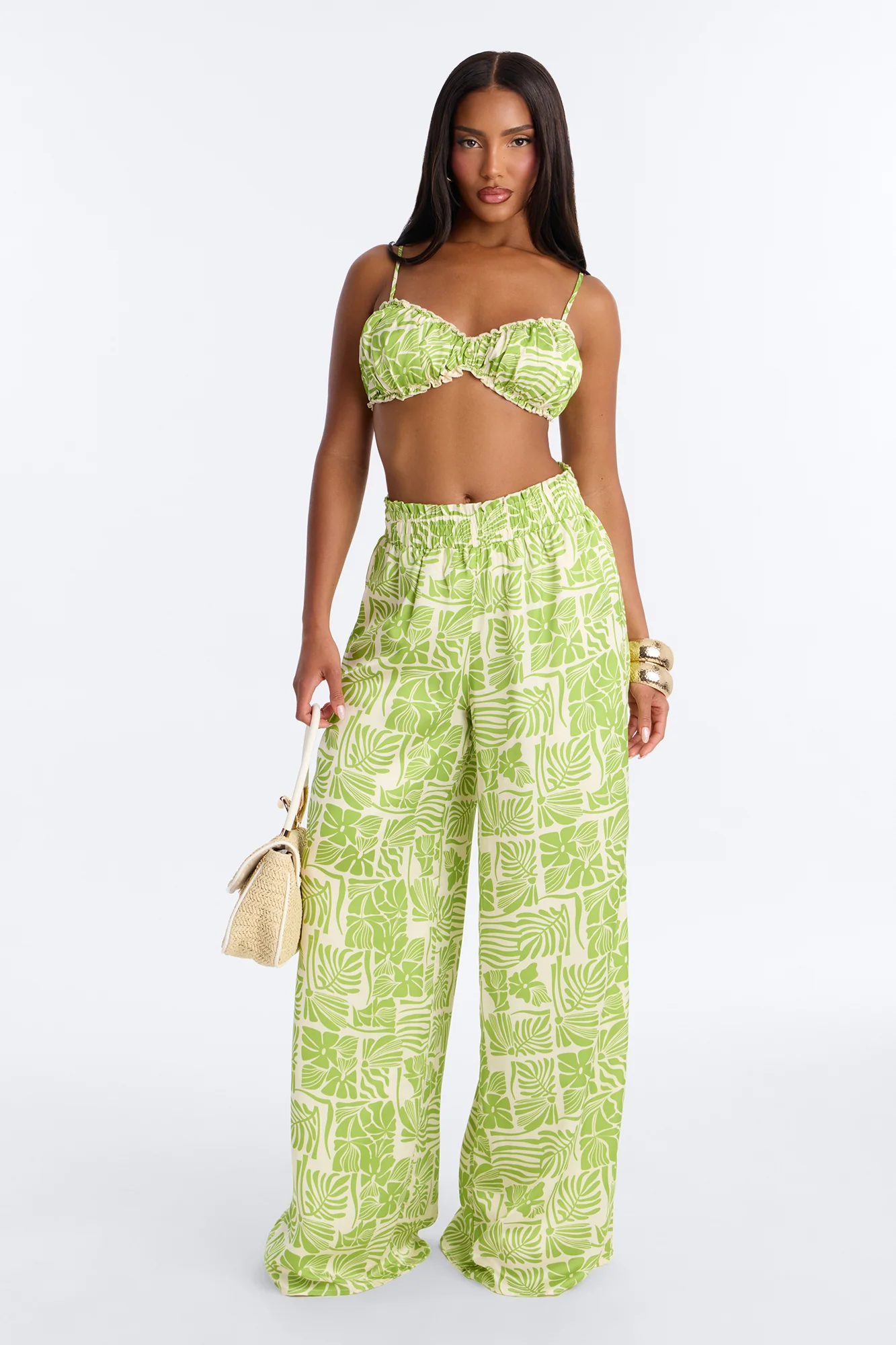 Hot Tropic Satin Bra Top And Pant Set - Green/combo