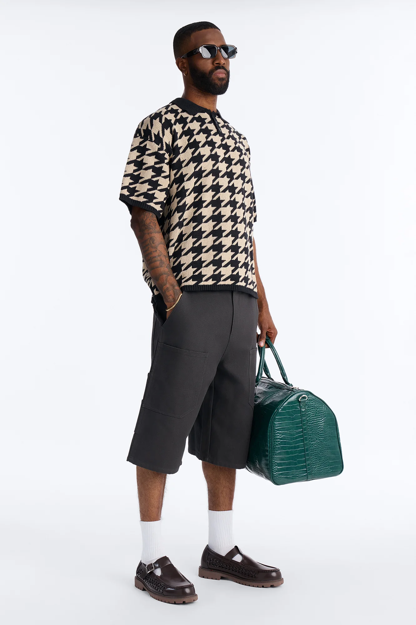 Houndstooth Short Sleeve Knitted Polo - Black - Image 2