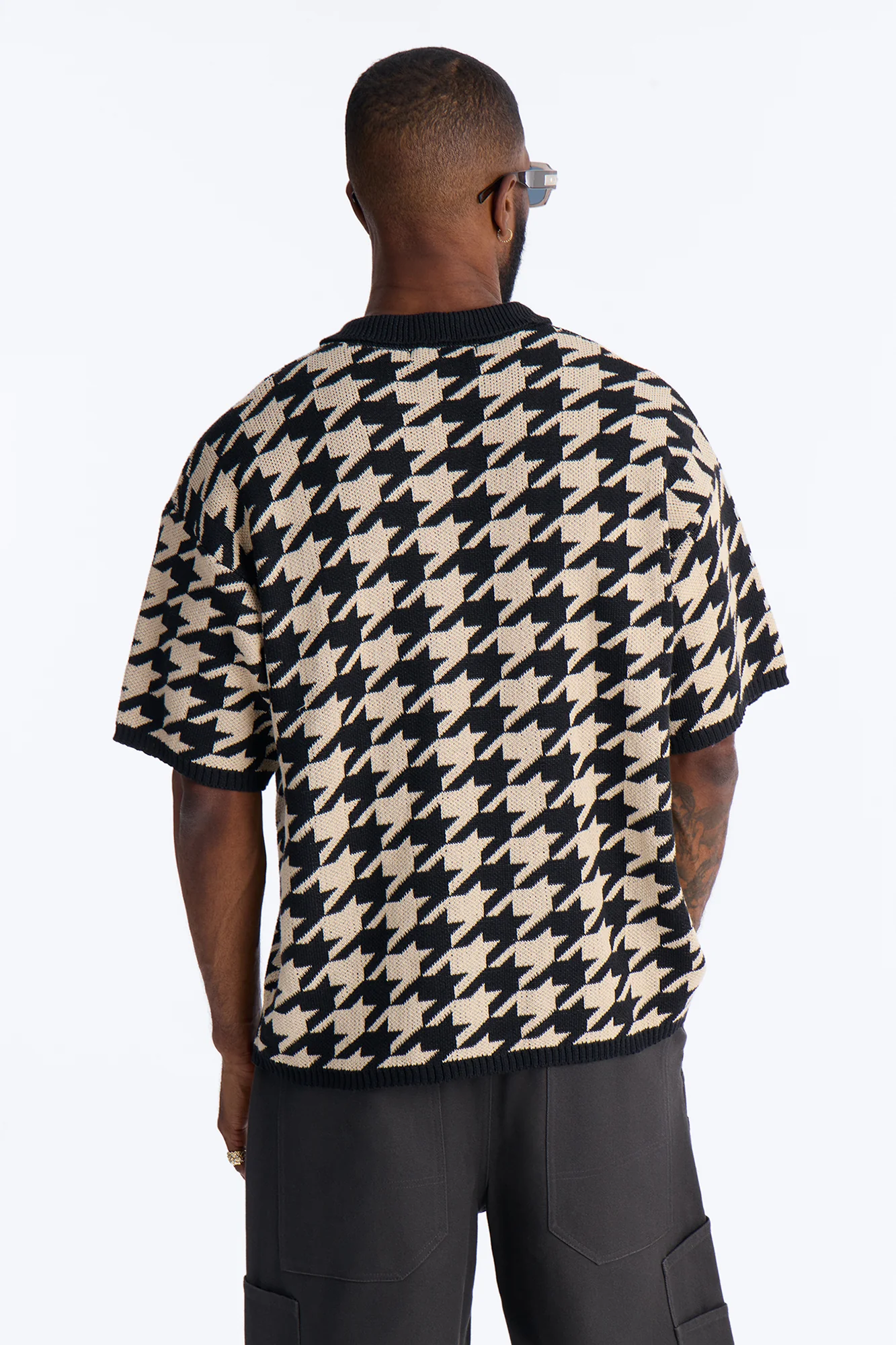 Houndstooth Short Sleeve Knitted Polo - Black - Image 4