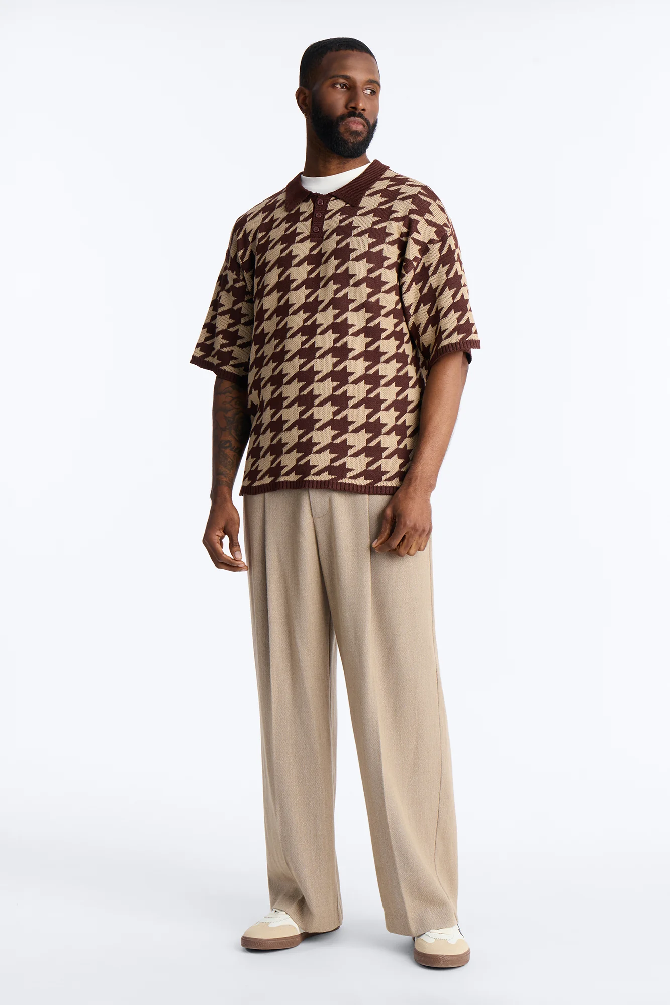 Houndstooth Short Sleeve Knitted Polo - Brown - Image 2