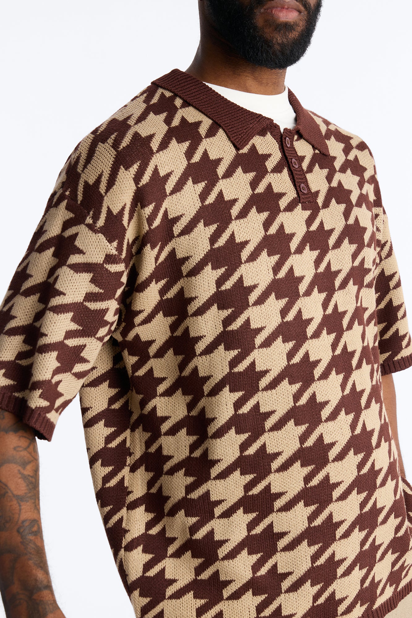 Houndstooth Short Sleeve Knitted Polo - Brown - Image 3