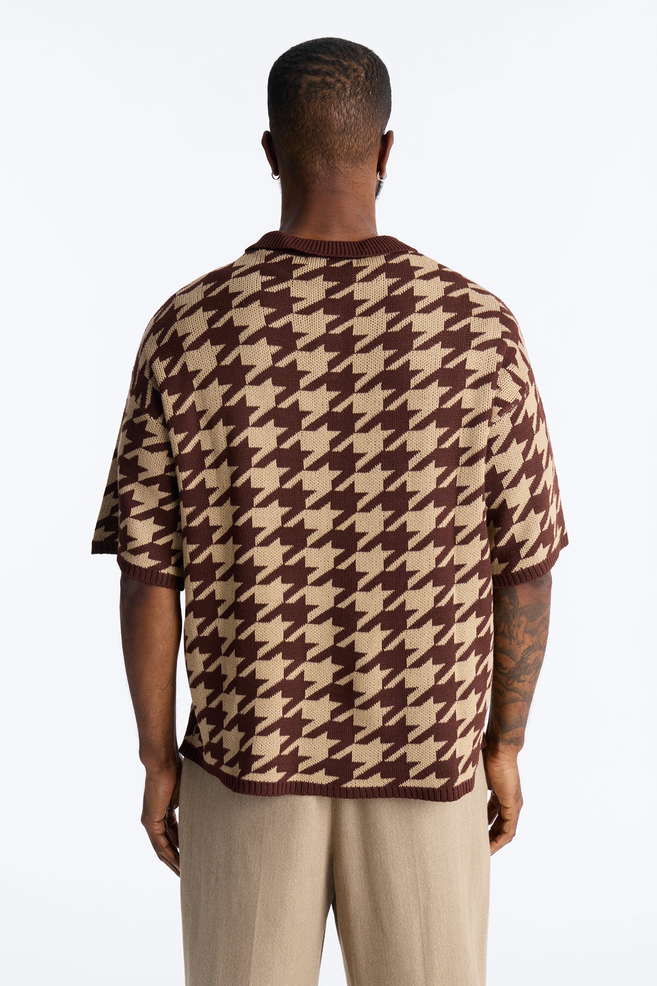 Houndstooth Short Sleeve Knitted Polo - Brown - Image 4