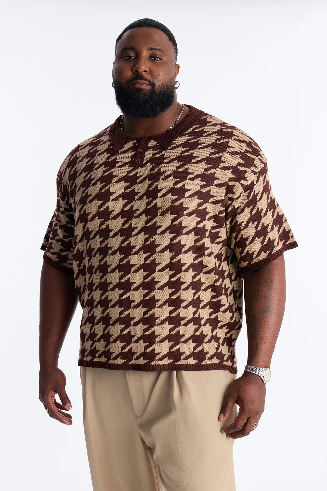 Houndstooth Short Sleeve Knitted Polo - Brown - Image 5