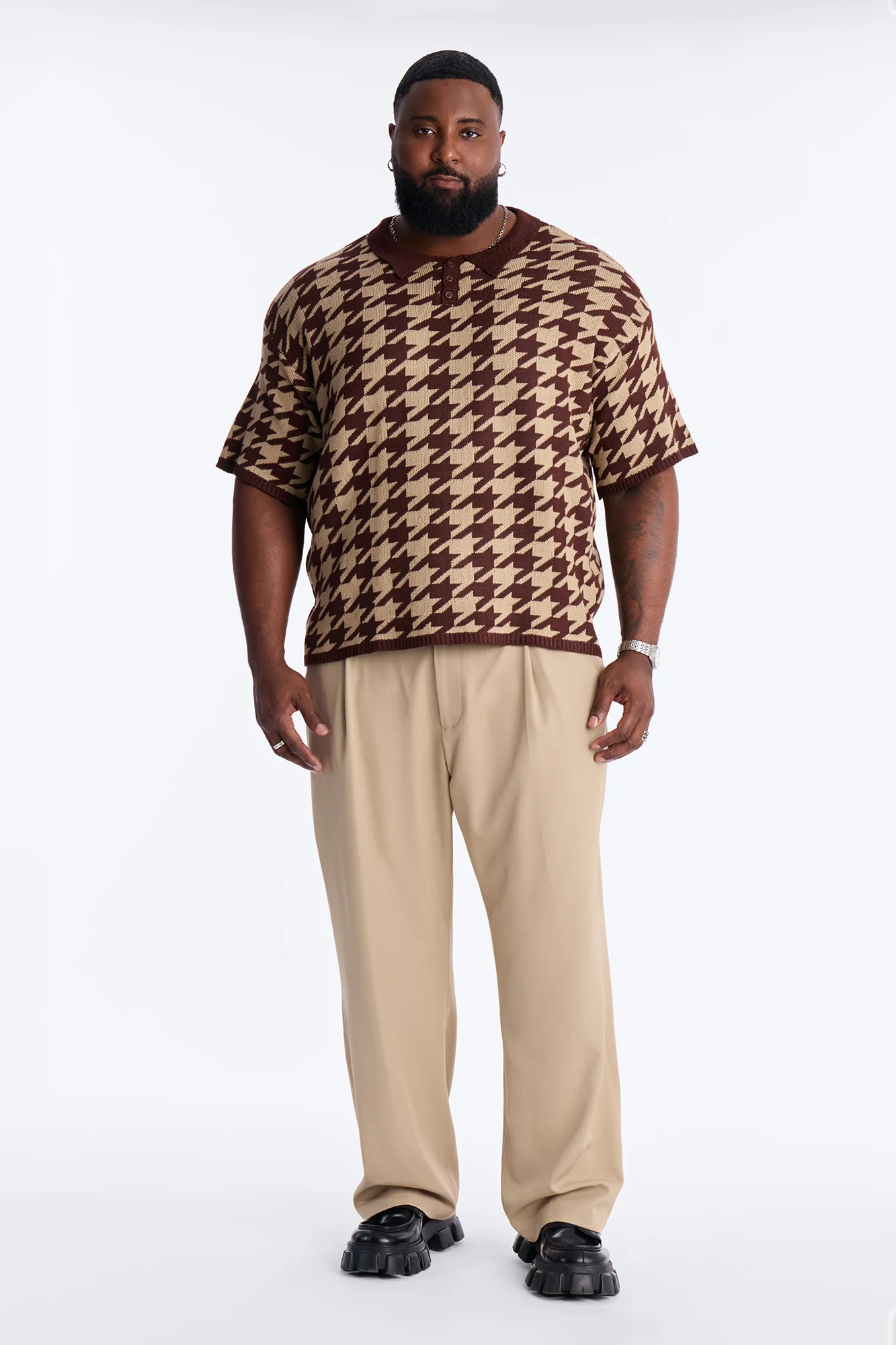 Houndstooth Short Sleeve Knitted Polo - Brown - Image 6