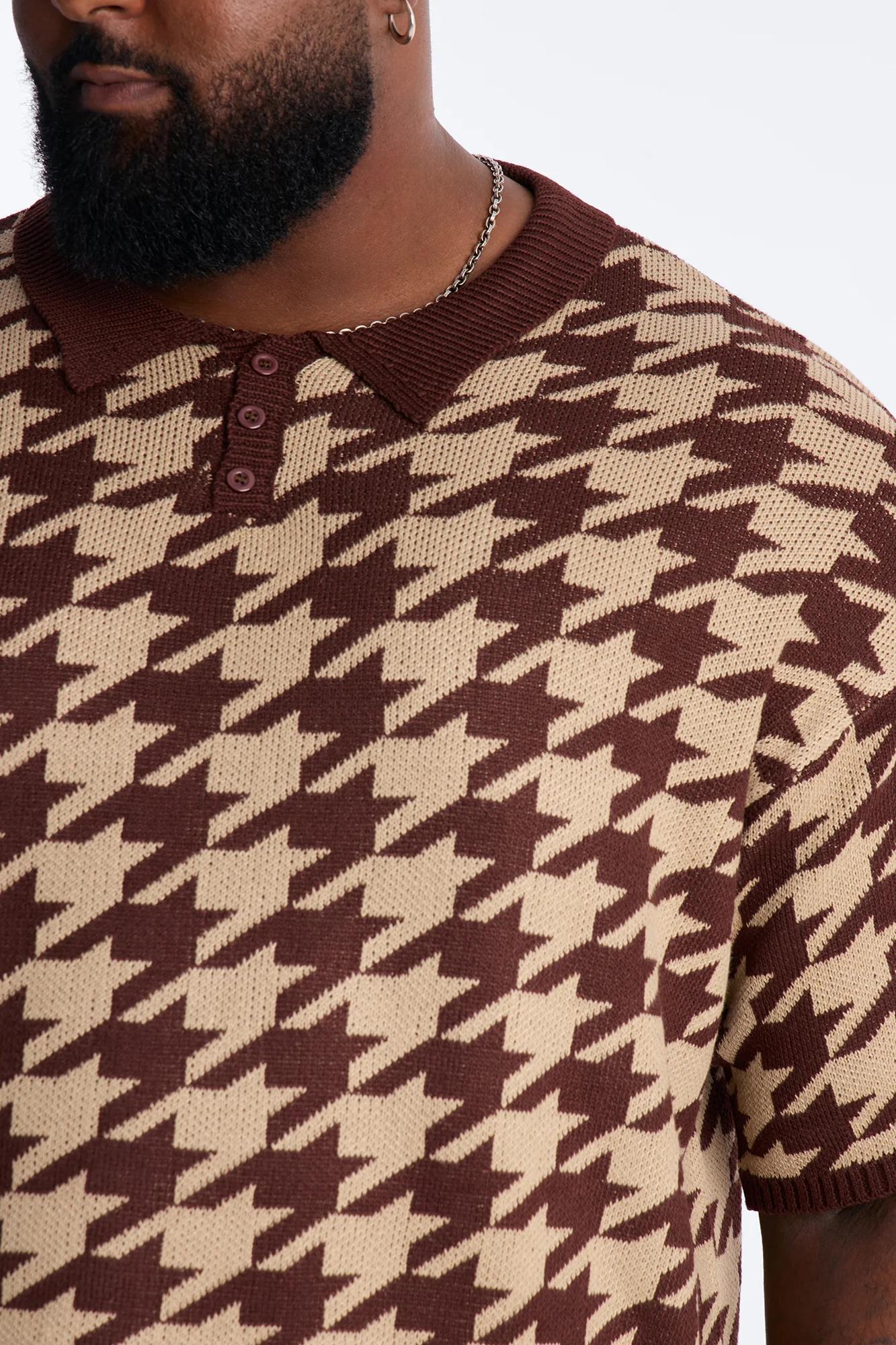 Houndstooth Short Sleeve Knitted Polo - Brown - Image 7