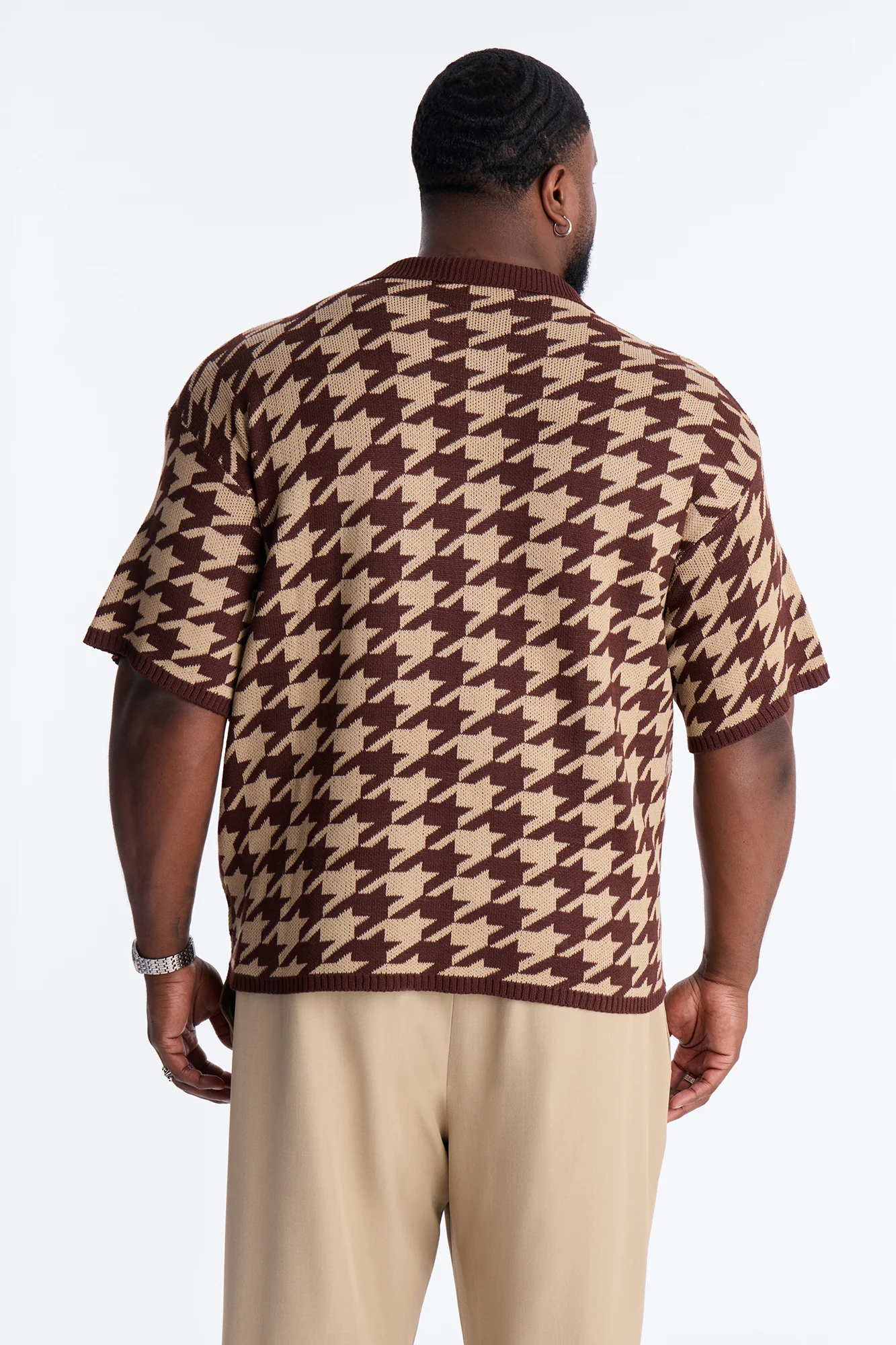 Houndstooth Short Sleeve Knitted Polo - Brown - Image 8