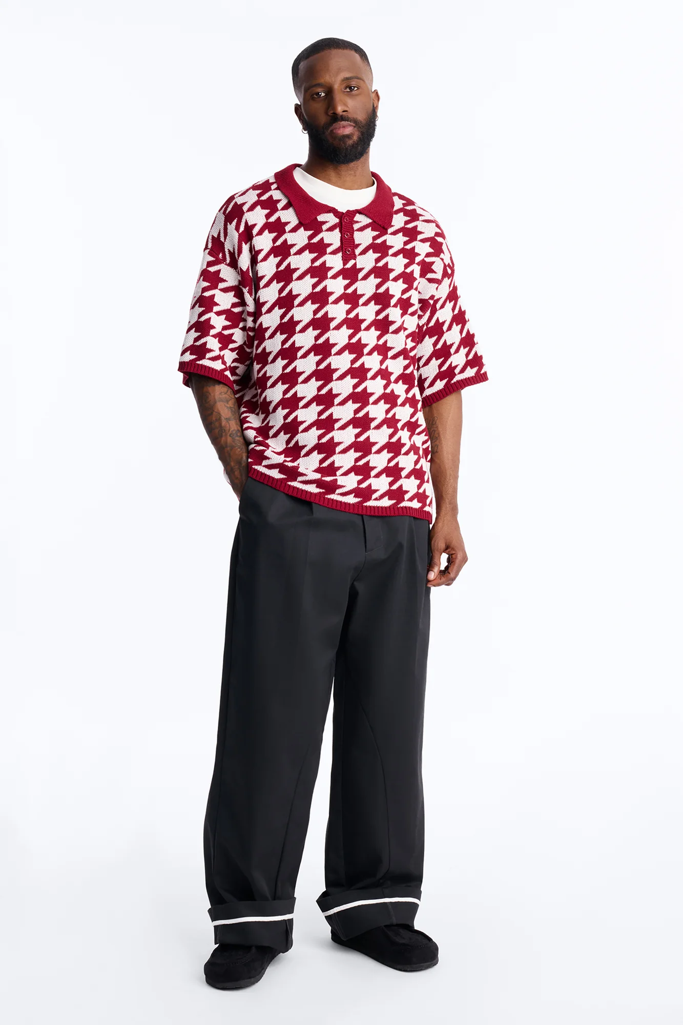 Houndstooth Short Sleeve Knitted Polo - Burgundy - Image 2