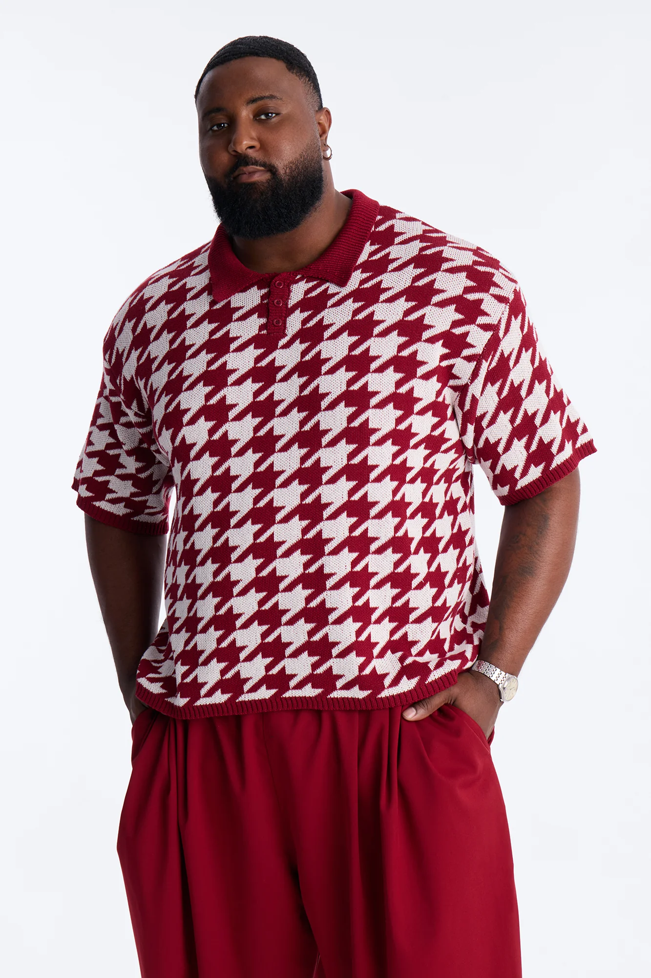 Houndstooth Short Sleeve Knitted Polo - Burgundy - Image 5