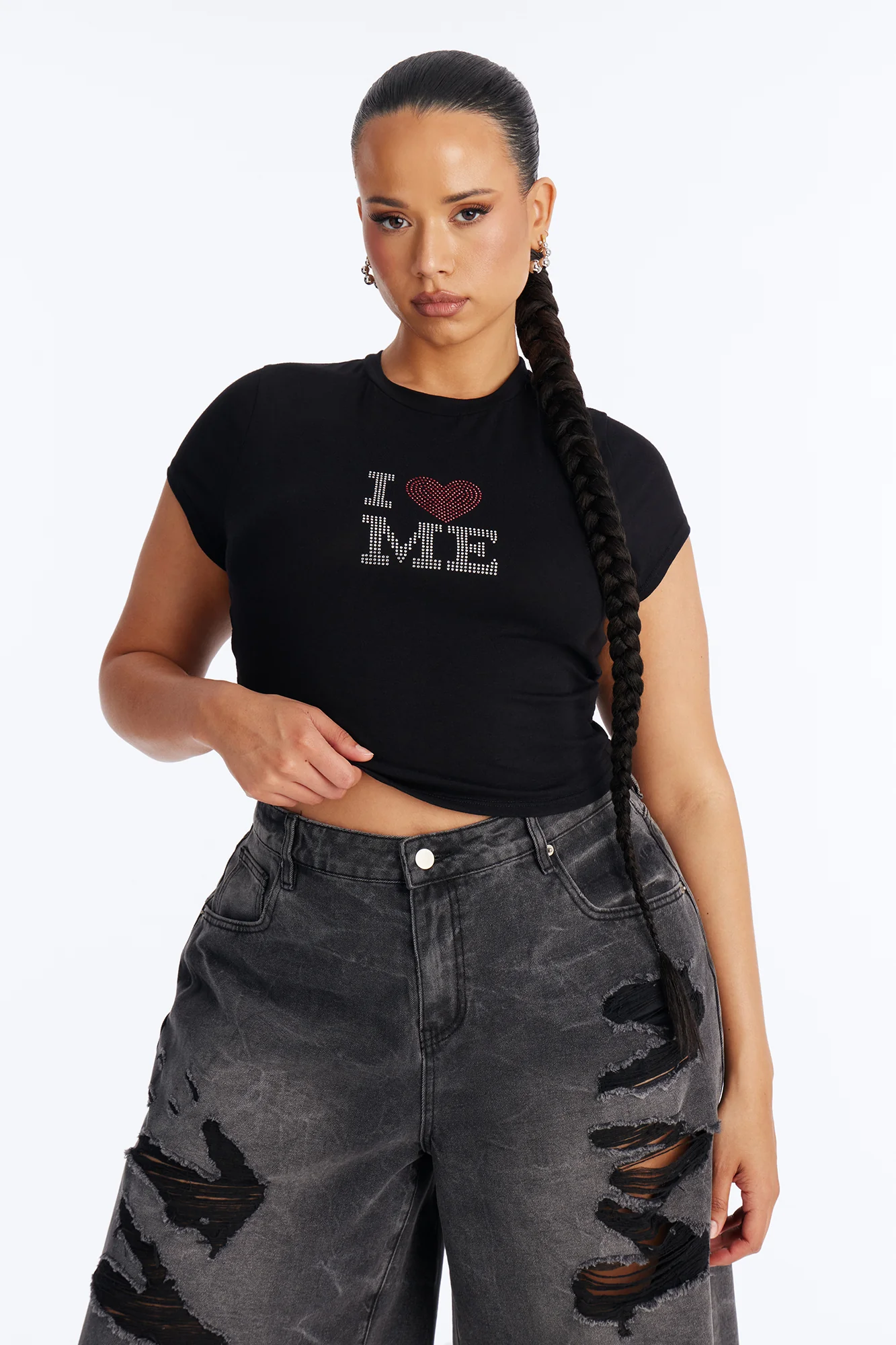 I Love Me Rhinestone Baby Tee - Black - Image 5