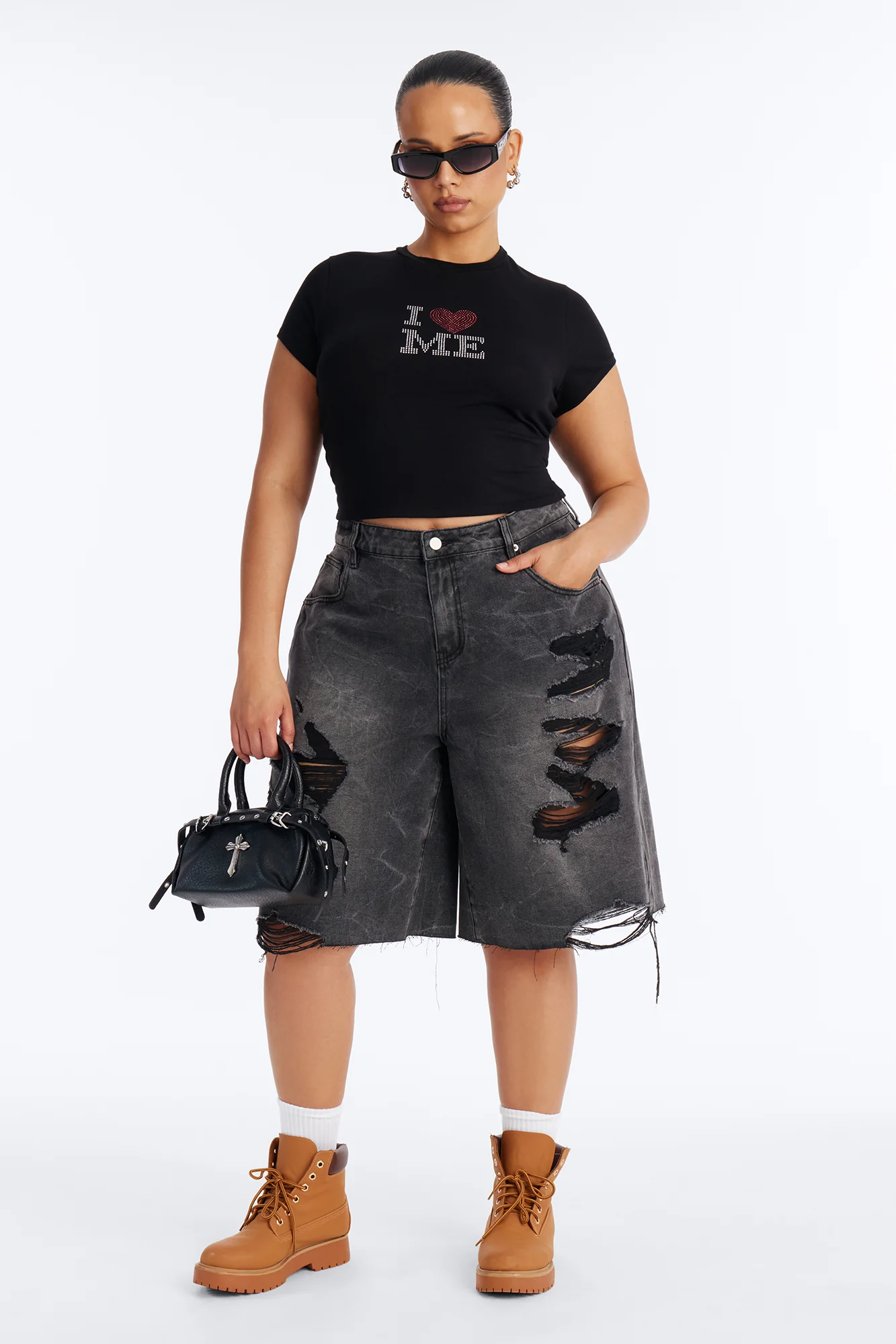 I Love Me Rhinestone Baby Tee - Black - Image 6