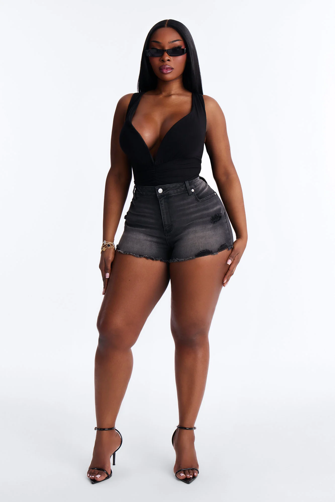 Ibiza Cut Off Stretch Denim Shorts - Black Wash - Image 4