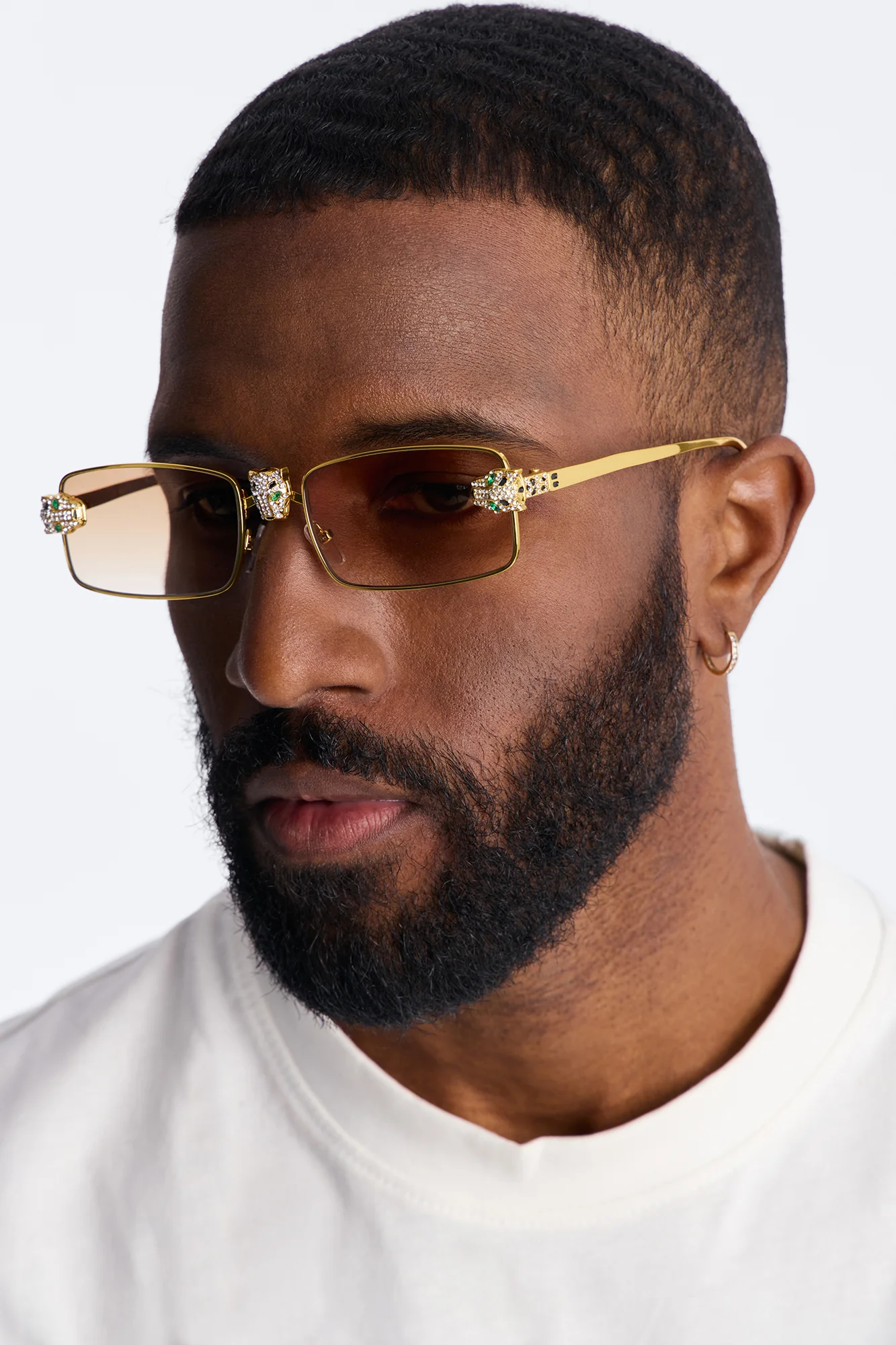 Iced Panther Rectangle Metal Sunglasses - Gold/Brown - Image 2