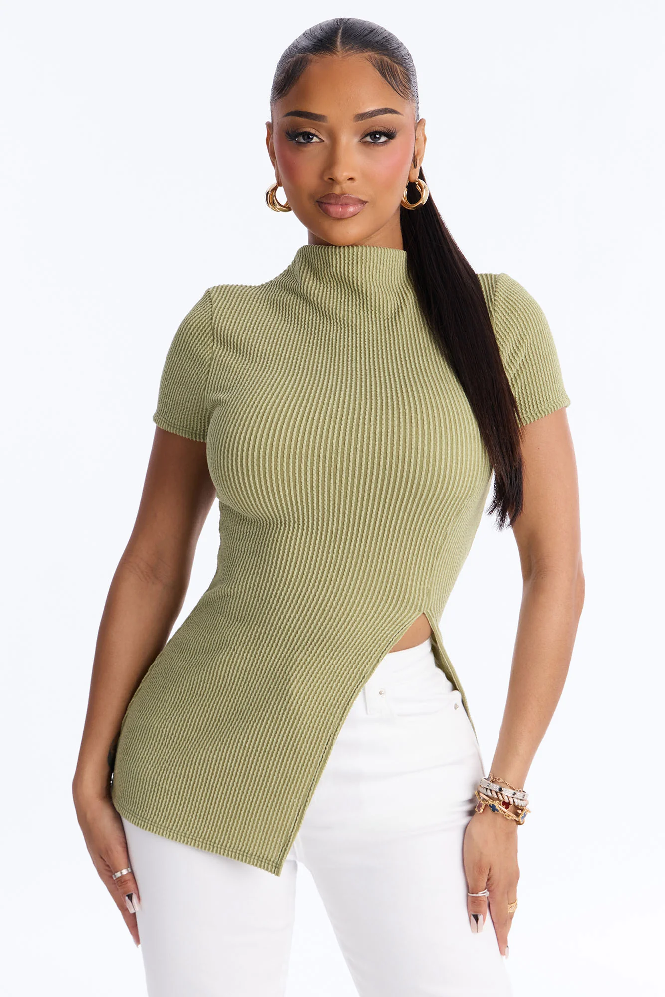 Ika Mock Neck Heavy Ribbed Short Sleeve Top - Chartreuse