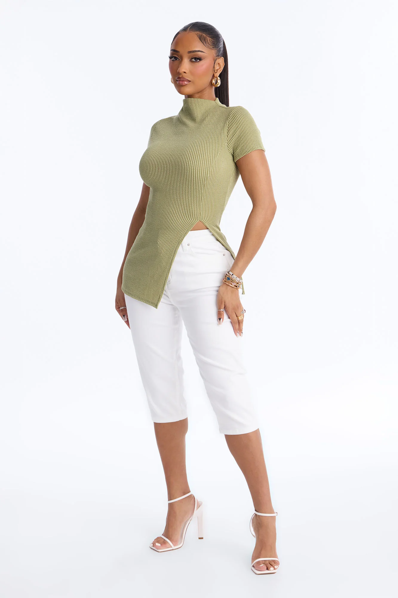 Ika Mock Neck Heavy Ribbed Short Sleeve Top - Chartreuse - Image 2