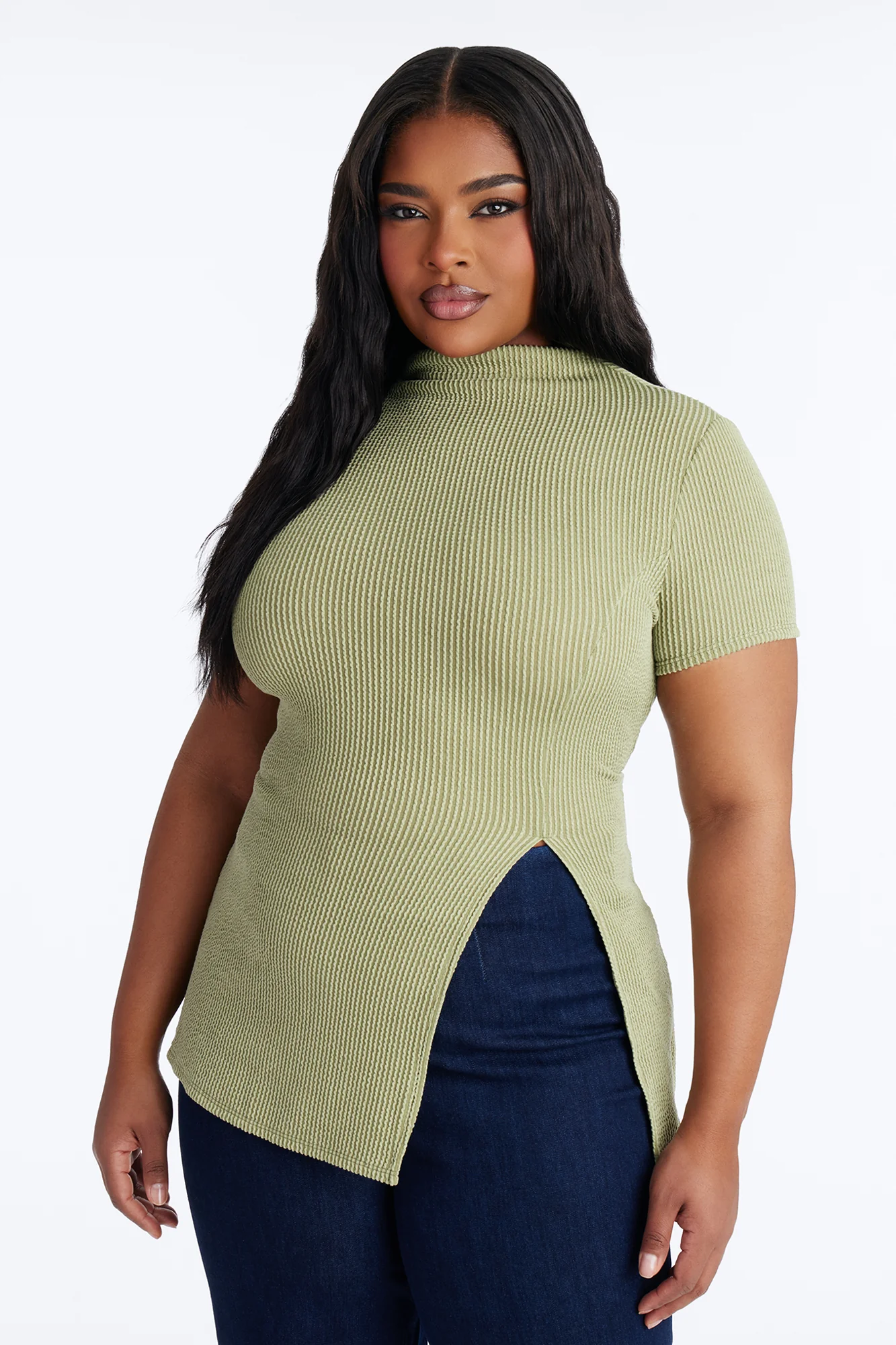 Ika Mock Neck Heavy Ribbed Short Sleeve Top - Chartreuse - Image 4