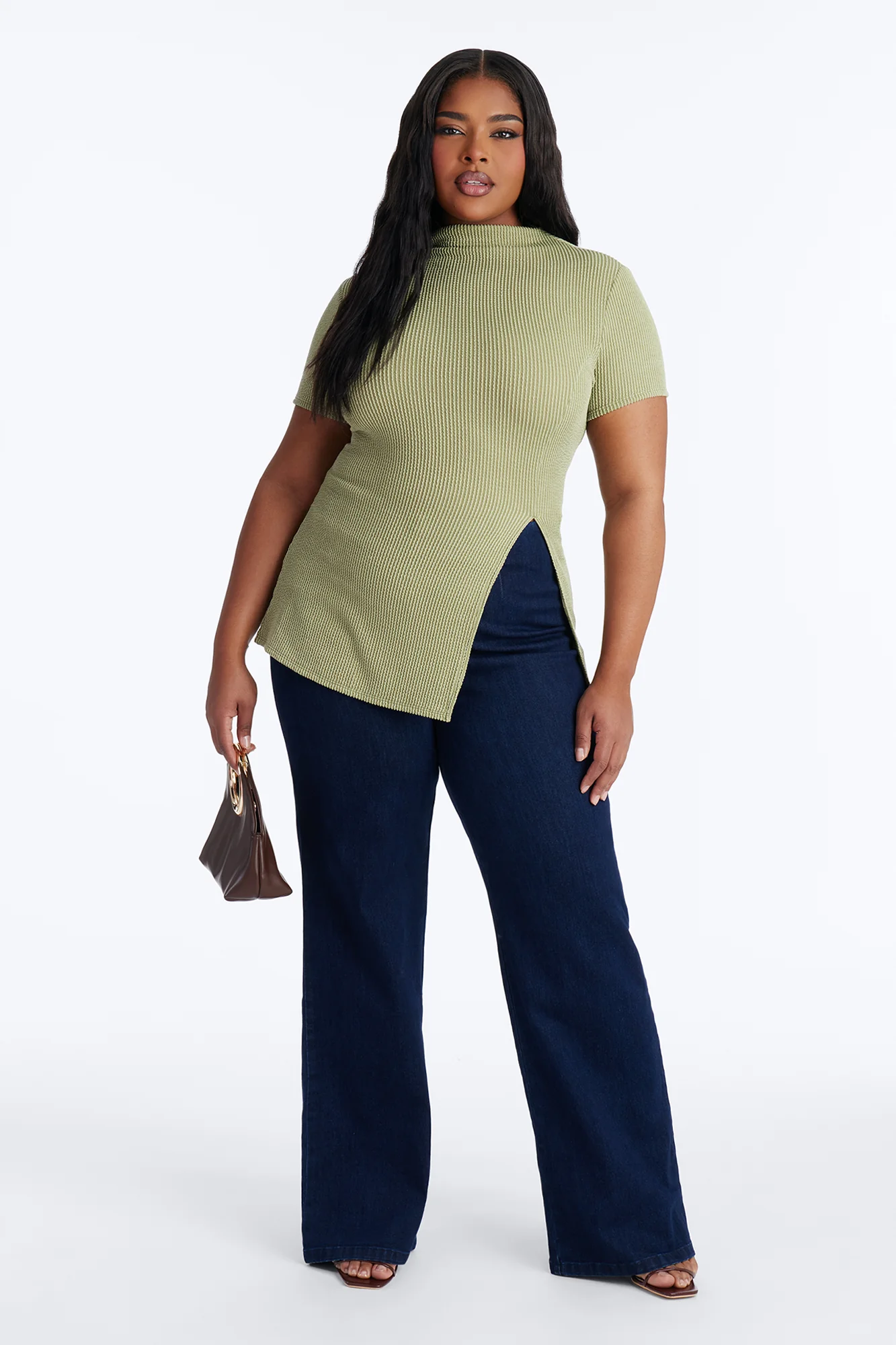 Ika Mock Neck Heavy Ribbed Short Sleeve Top - Chartreuse - Image 5