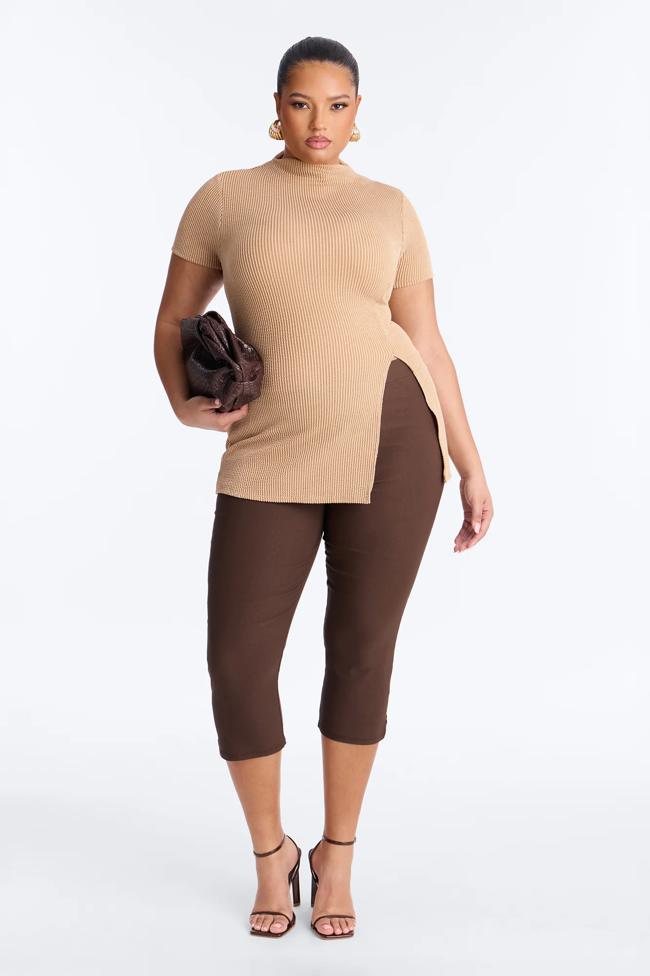 Ika Mock Neck Heavy Ribbed Short Sleeve Top - Mocha - Image 6