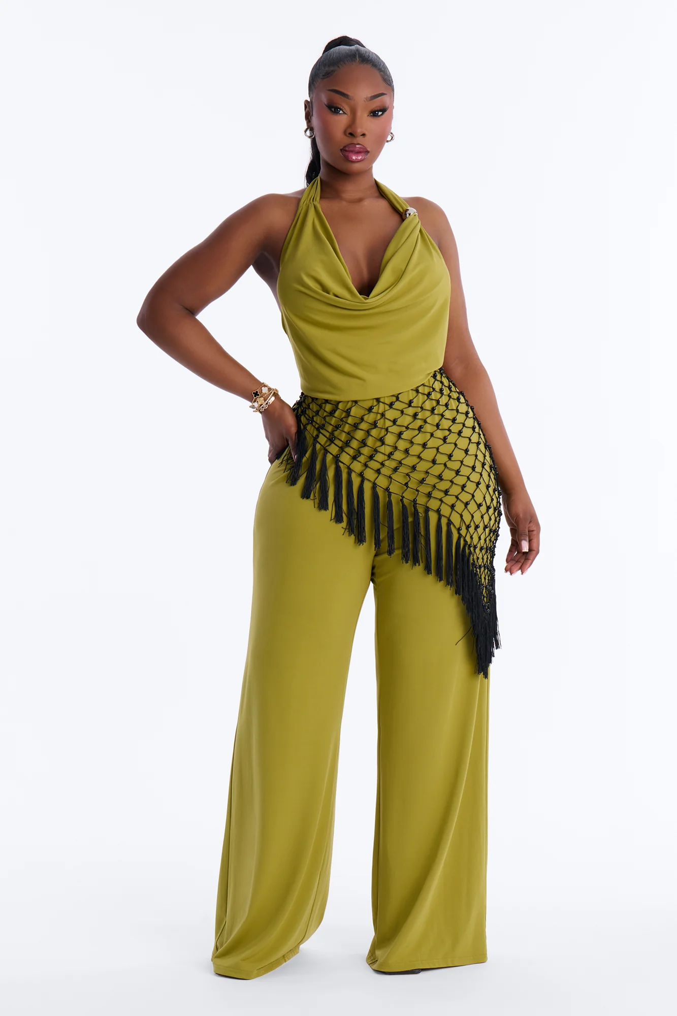 Ilaria Jumpsuit And Beaded Waist Scarf - Chartreuse