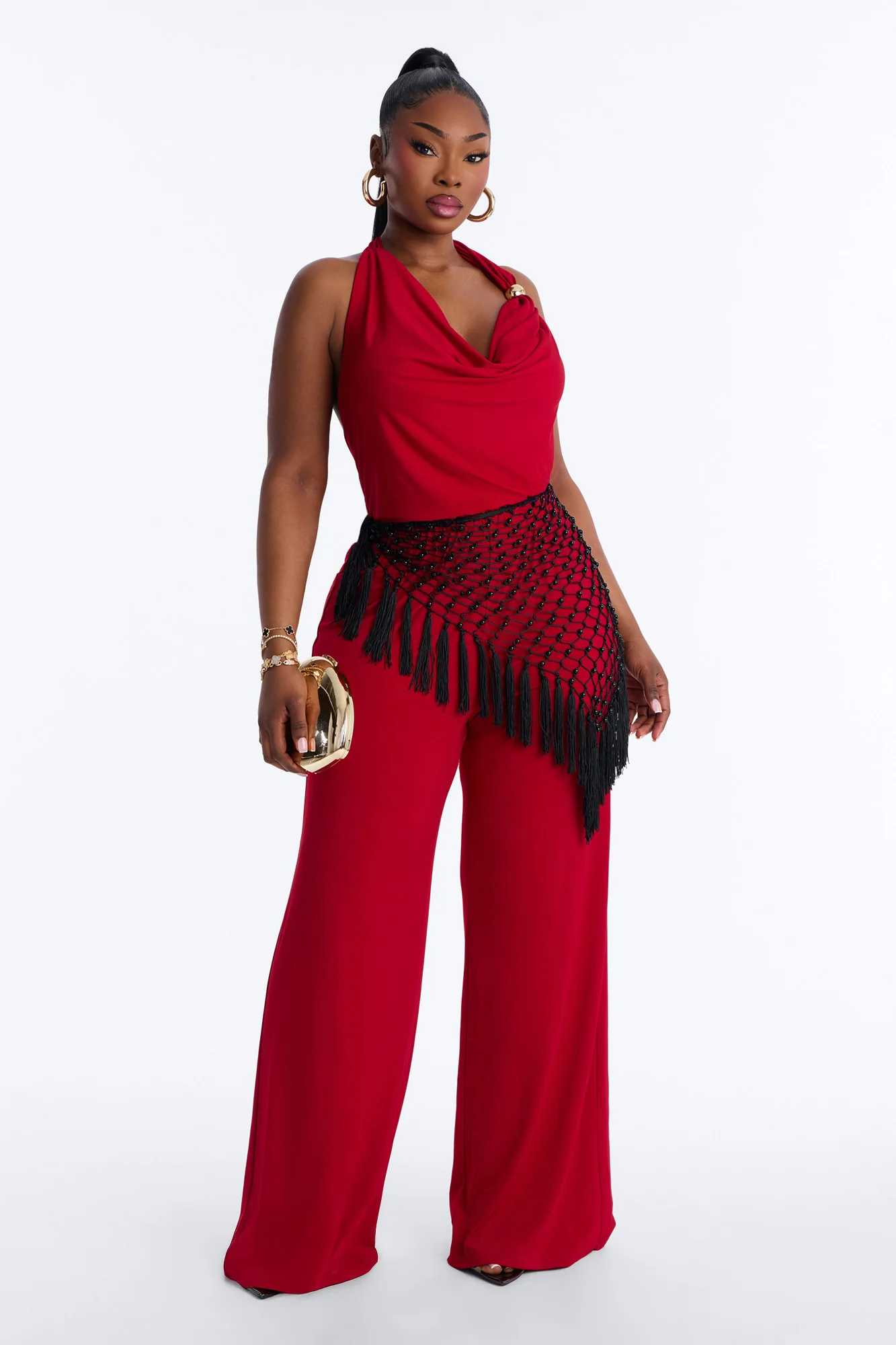 Ilaria Jumpsuit And Beaded Waist Scarf - Red