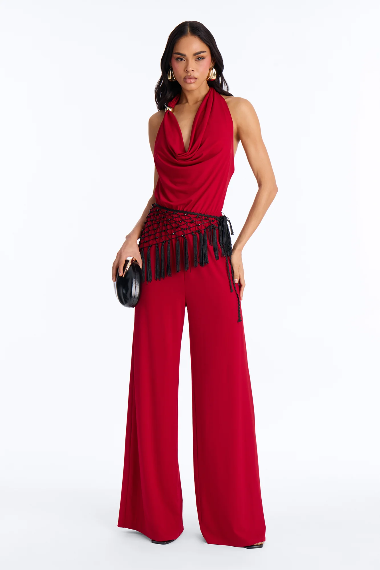 Ilaria Jumpsuit And Beaded Waist Scarf - Red - Image 2