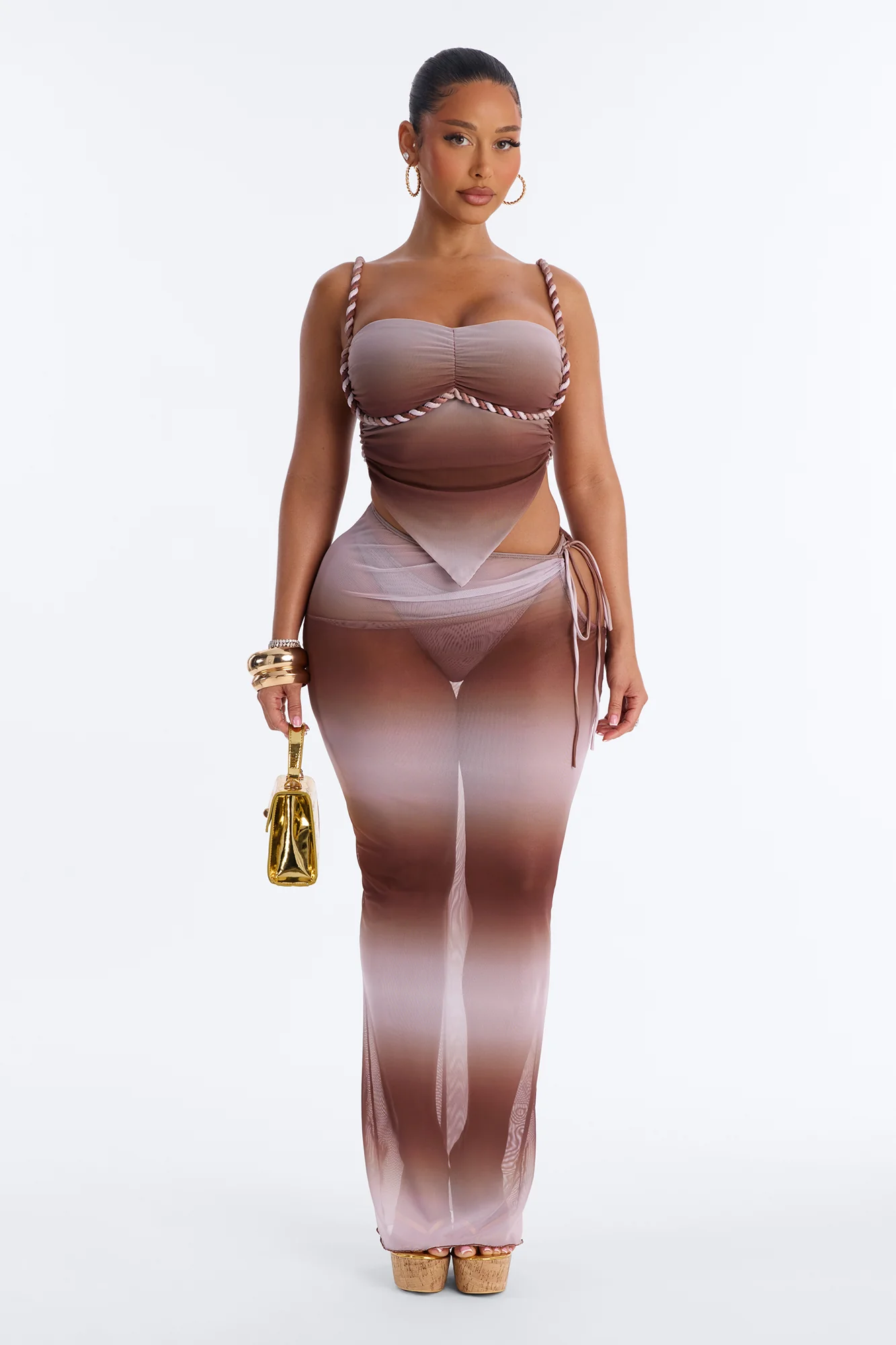 Ileen 3 Piece Mesh Rope Bandeau Bikini & Cover Up Maxi Skirt Sunsuit - Brown/combo
