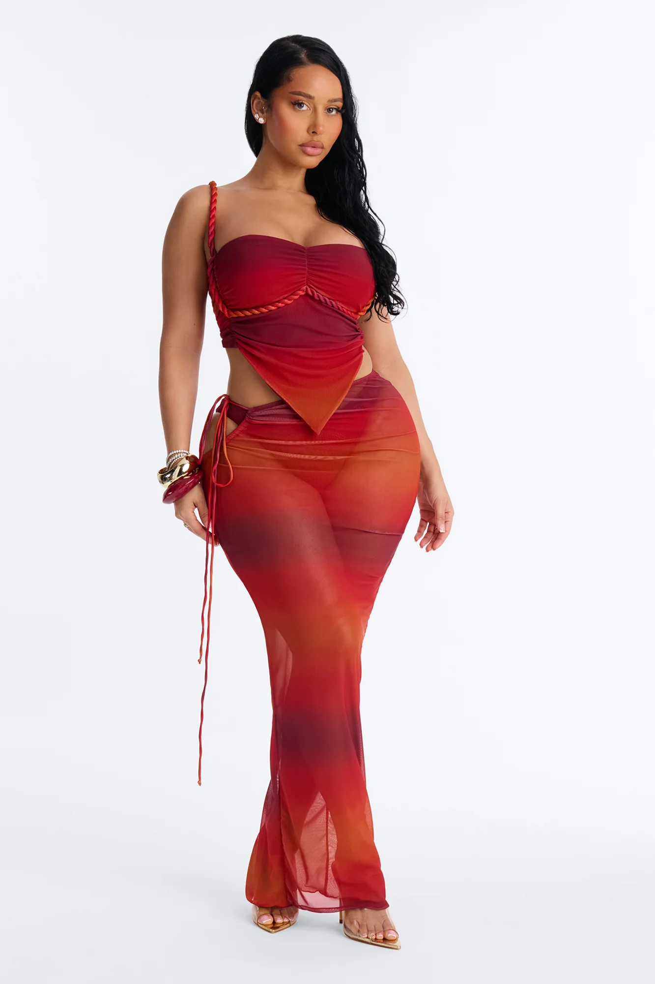Ileen 3 Piece Mesh Rope Bandeau Bikini & Cover Up Maxi Skirt Sunsuit - Red/combo