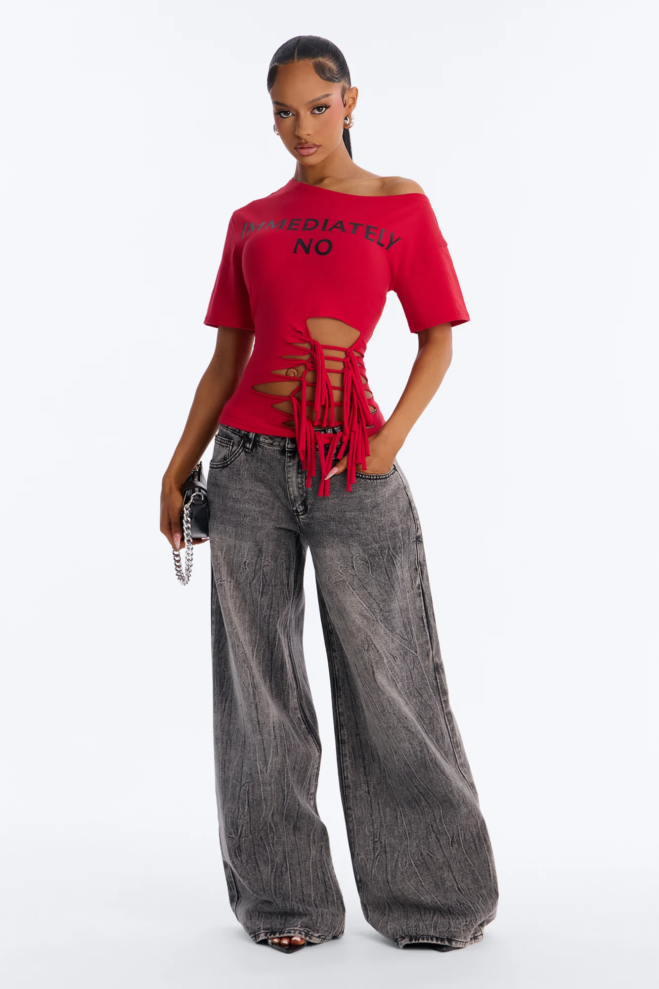 Immediately No Off Shoulder Fitted Tee - Red - Image 2