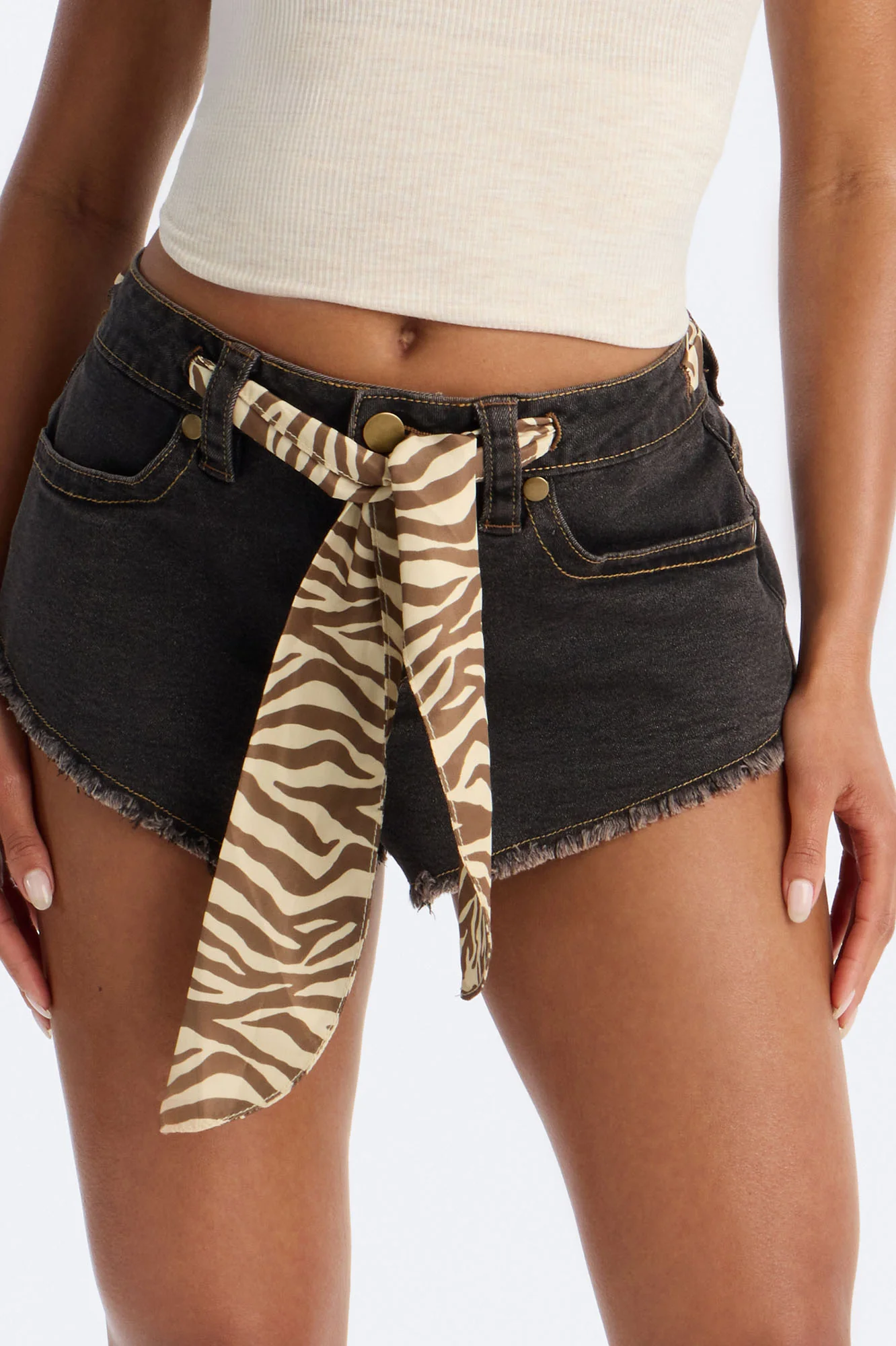 In Another Life Scarf Belted Cut Off Denim Shorts - Black Wash