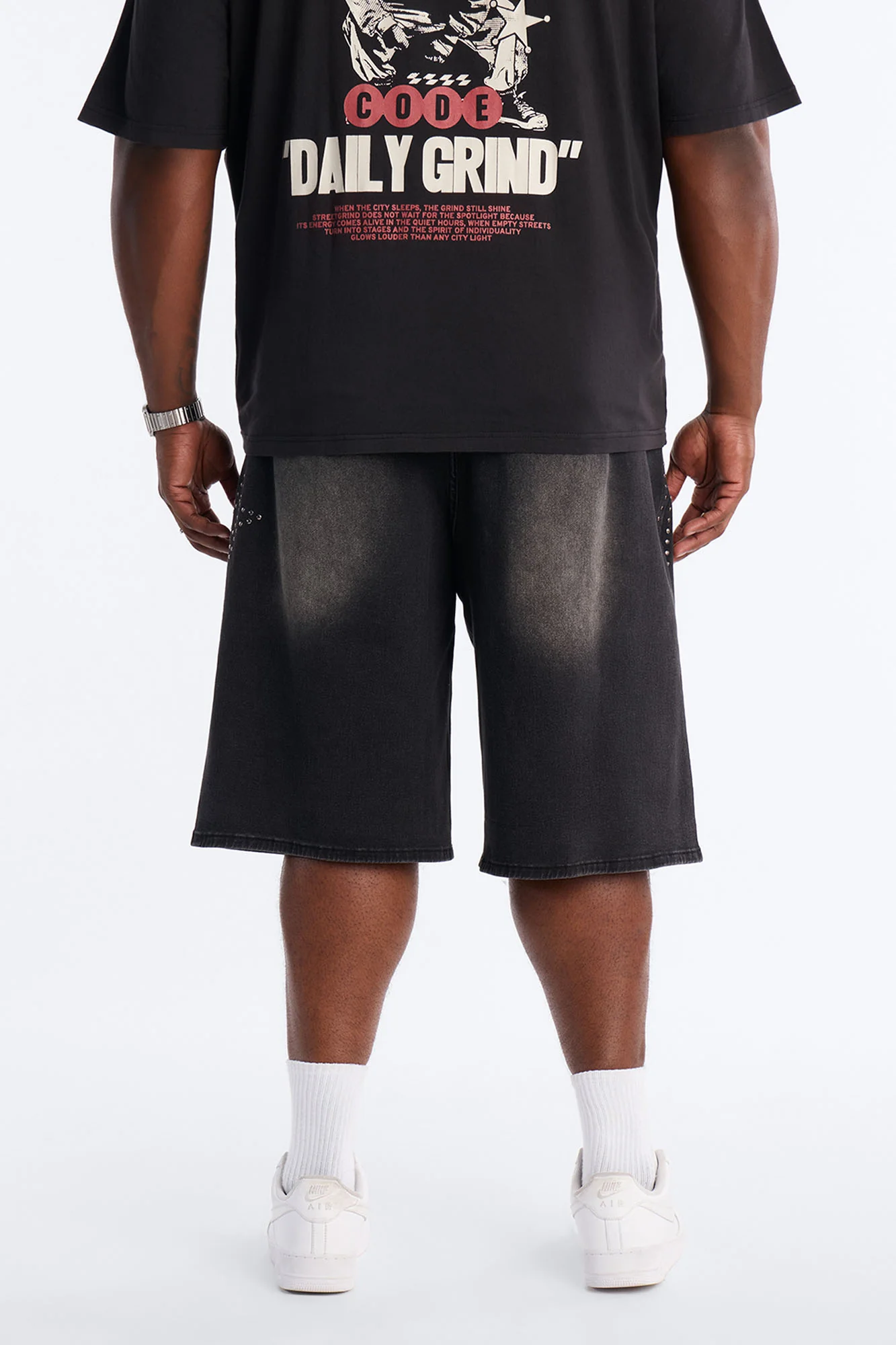 In Denim We Trust Baggy Studded Denim Short - Black Wash - Image 11
