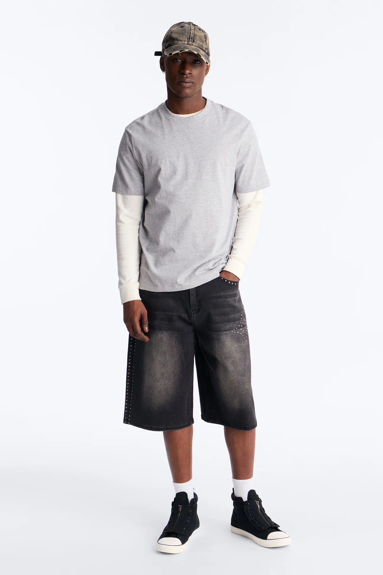 In Denim We Trust Baggy Studded Denim Short - Black Wash - Image 2