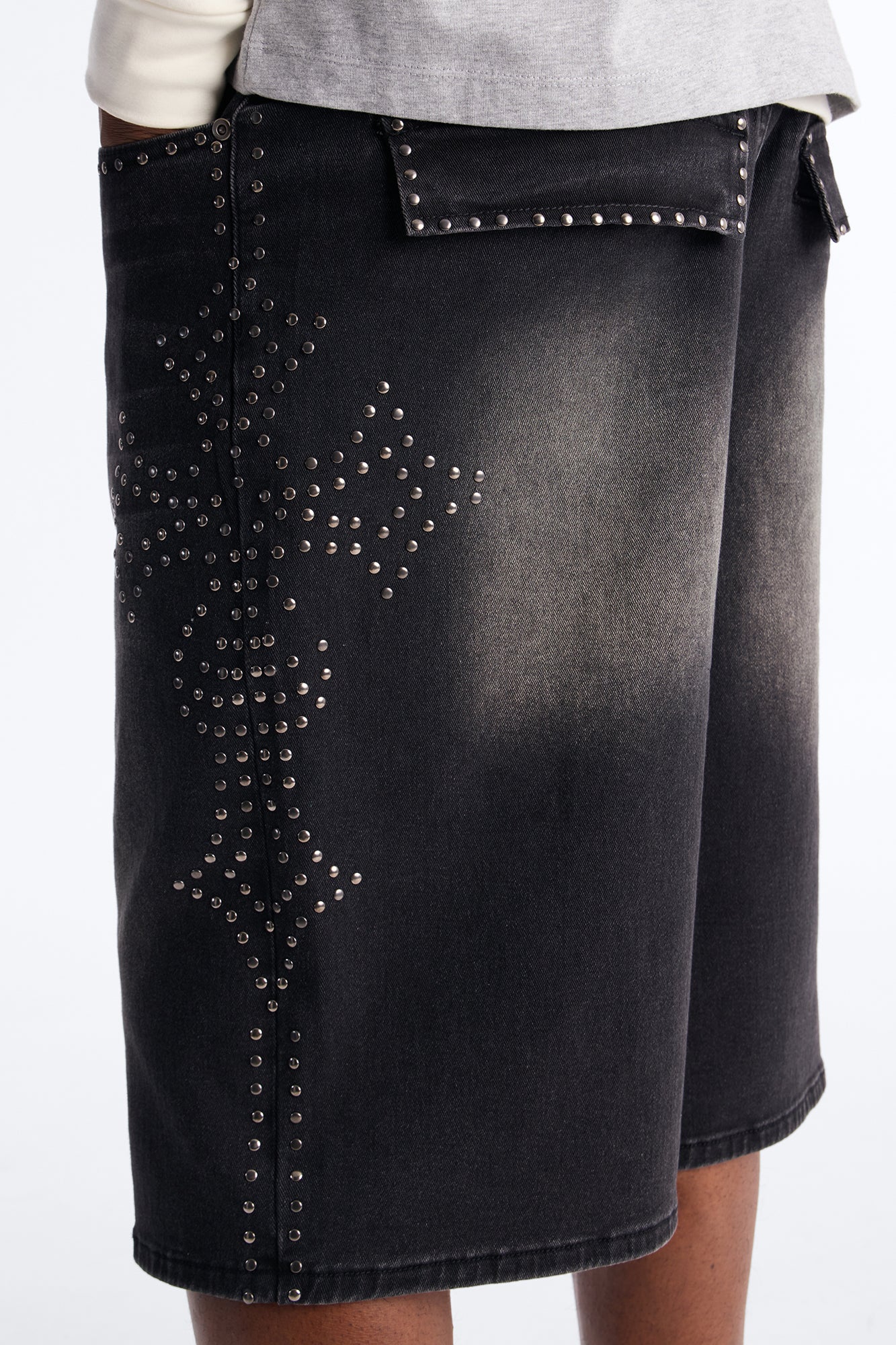 In Denim We Trust Baggy Studded Denim Short - Black Wash - Image 4