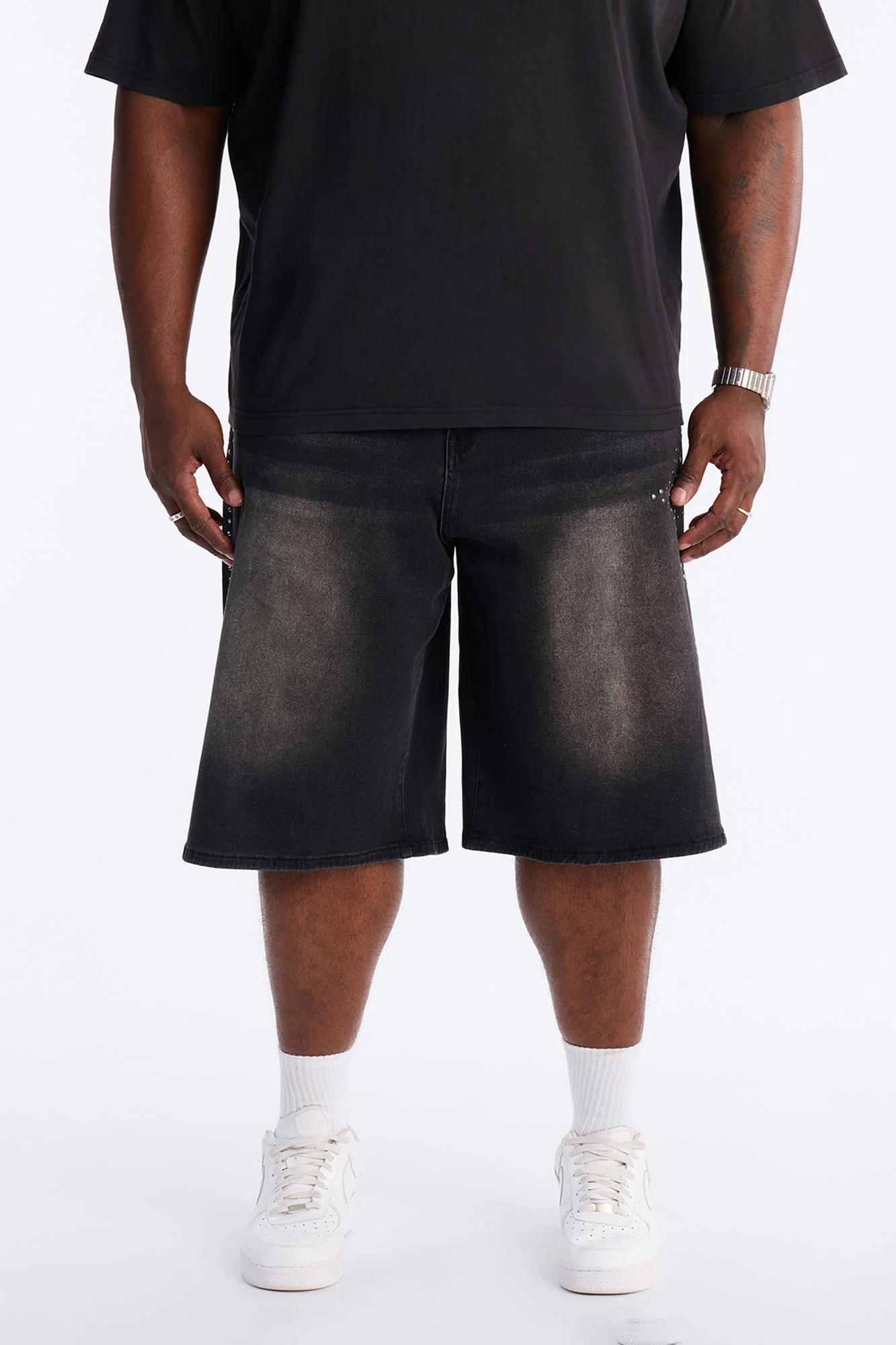 In Denim We Trust Baggy Studded Denim Short - Black Wash - Image 7