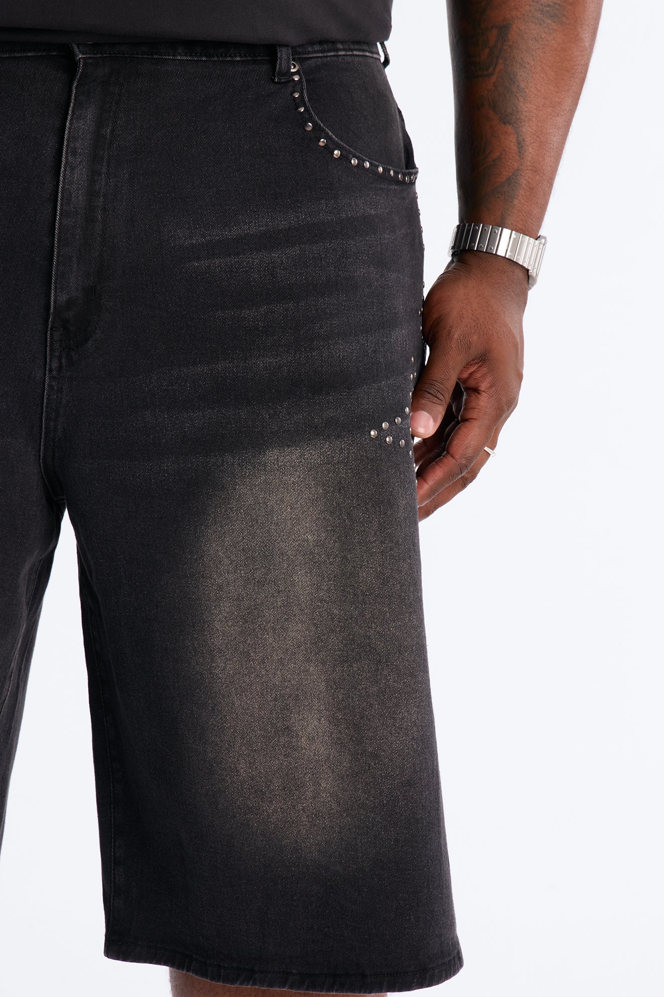 In Denim We Trust Baggy Studded Denim Short - Black Wash - Image 9