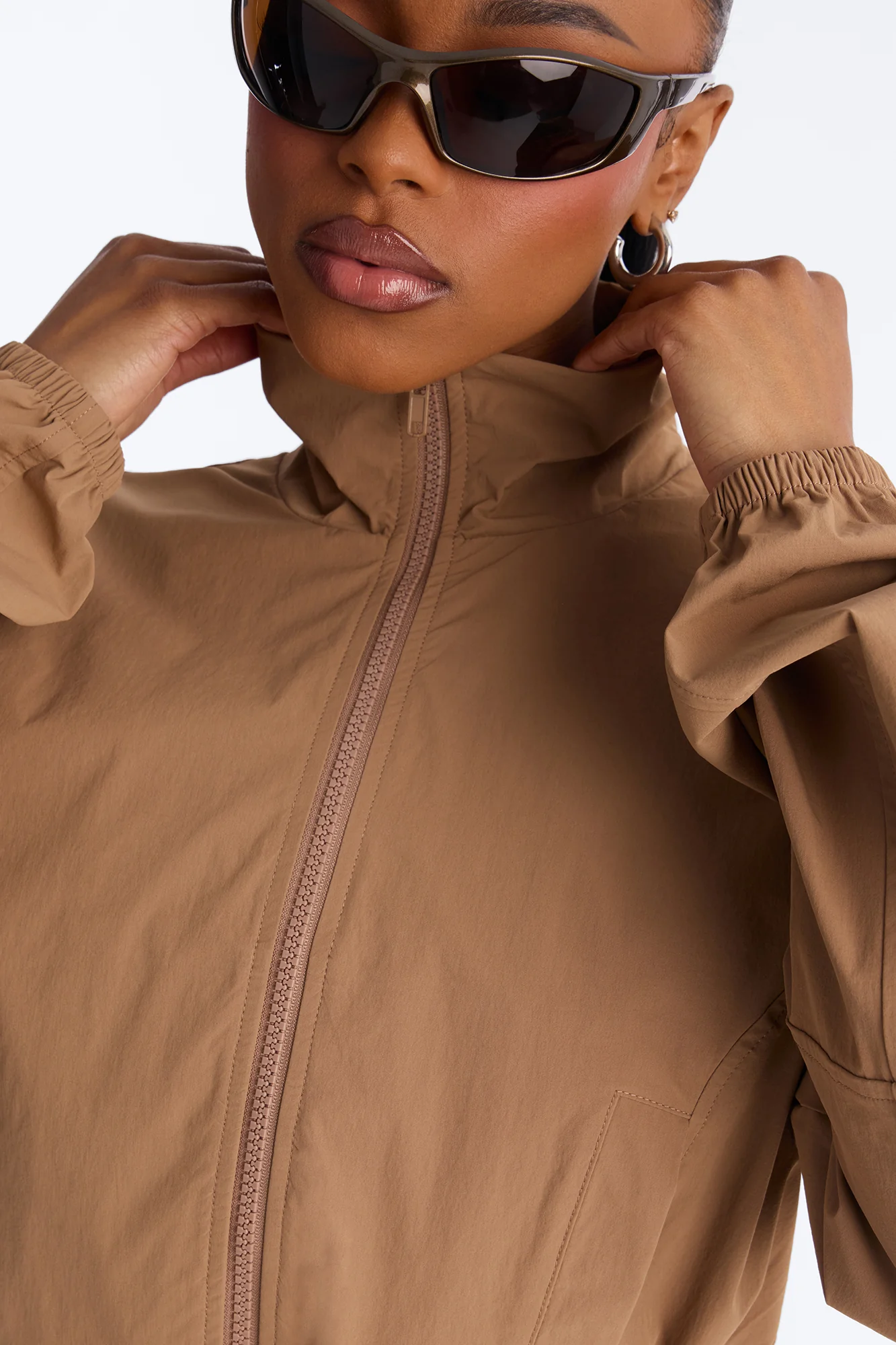In Motion Cropped Windbreaker Lounge Jacket - Mocha - Image 3