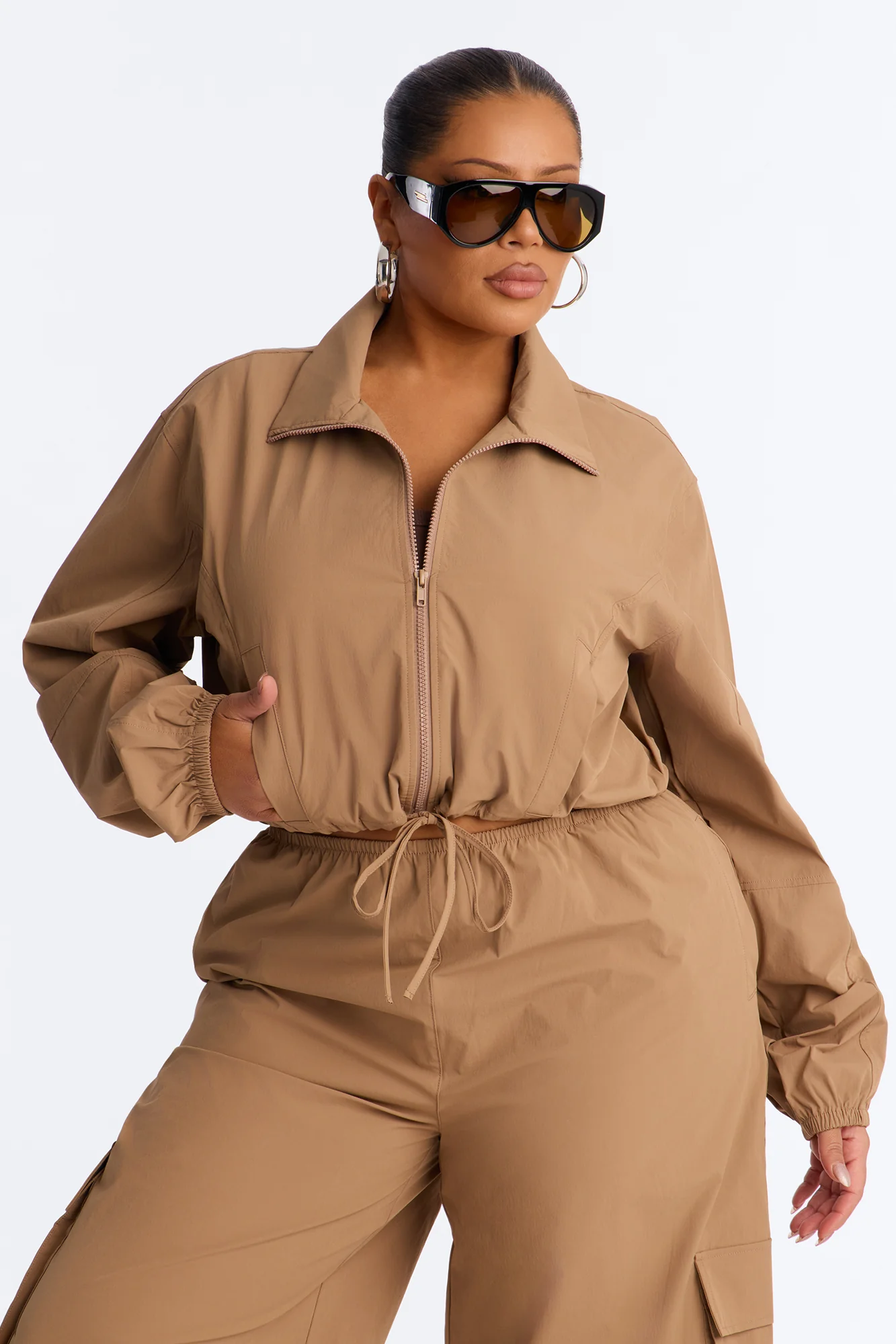 In Motion Cropped Windbreaker Lounge Jacket - Mocha - Image 5