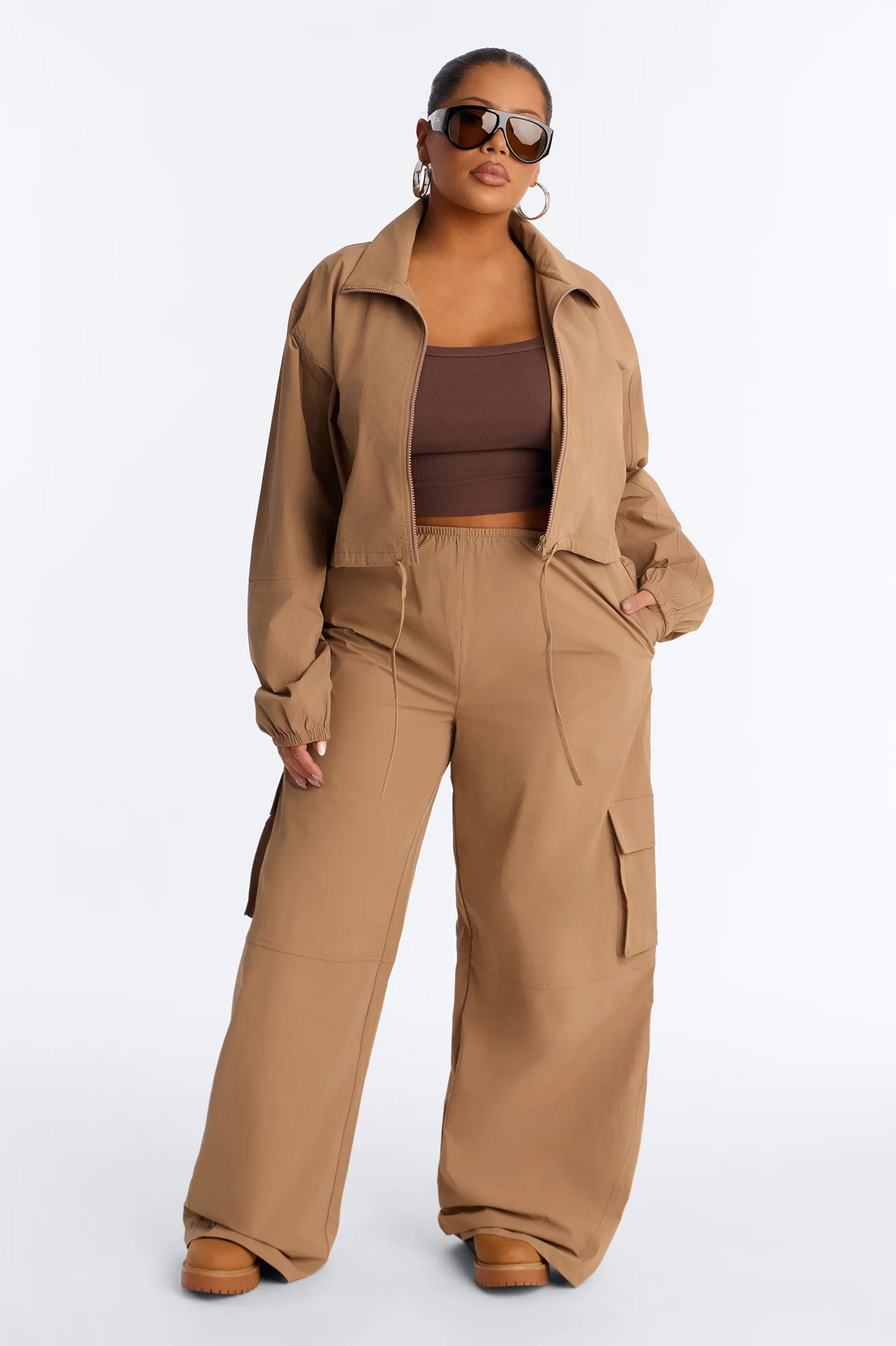 In Motion Cropped Windbreaker Lounge Jacket - Mocha - Image 6