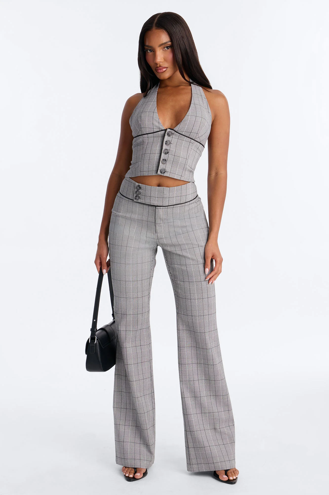 In The Office Plaid Halter Top Pant Set - Black/White