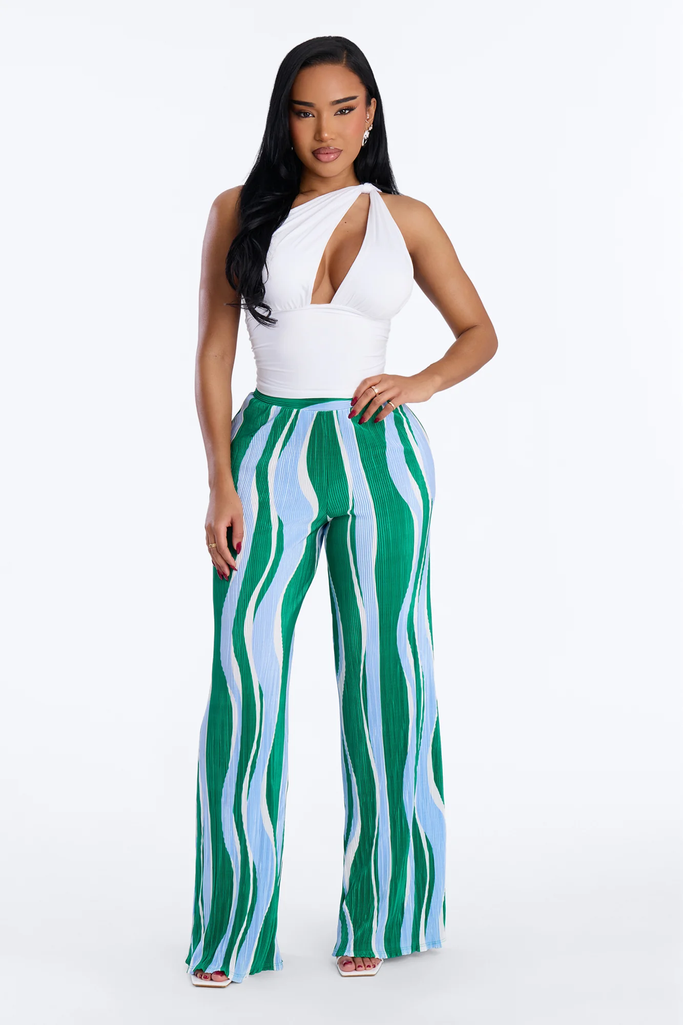 In The Tropics Abstract Plisse Wide Leg Pant 33″ - Green/combo