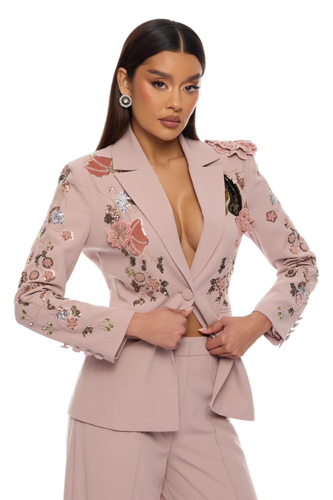 Indie Embellished Blazer Pant Set - Mauve - Image 2