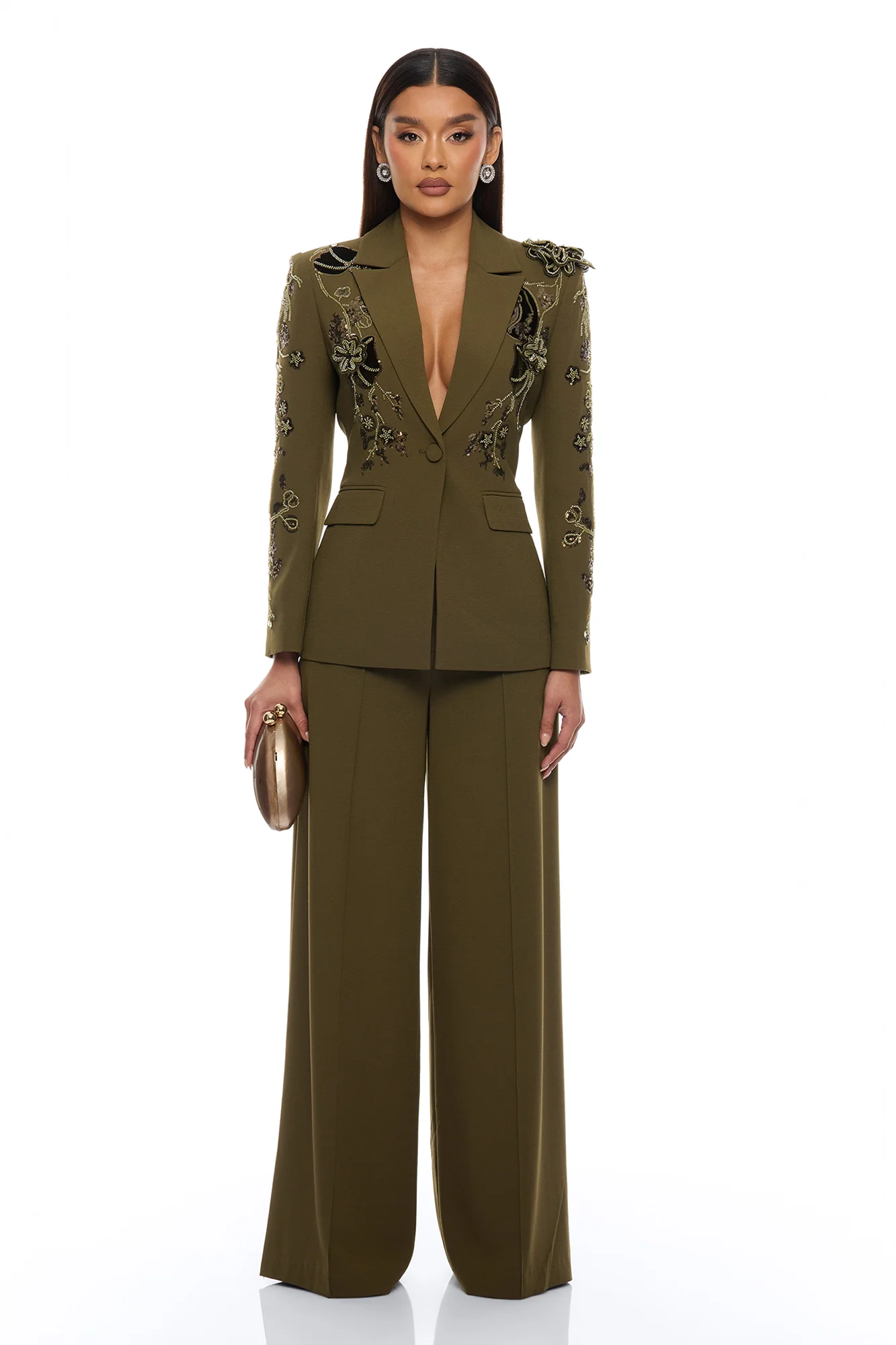 Indie Embellished Blazer Pant Set - Olive