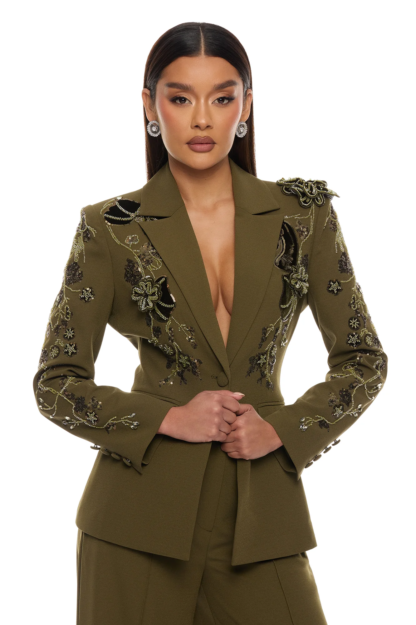 Indie Embellished Blazer Pant Set - Olive - Image 2