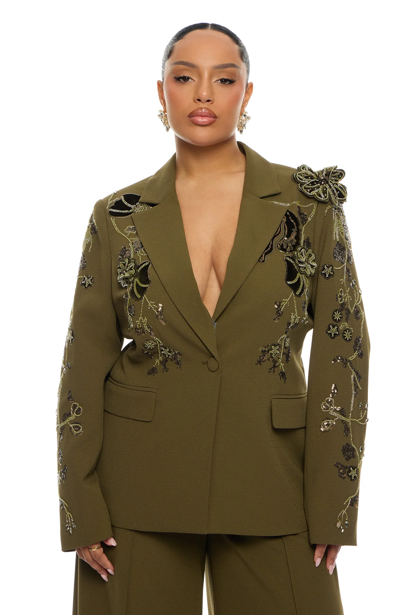 Indie Embellished Blazer Pant Set - Olive - Image 6