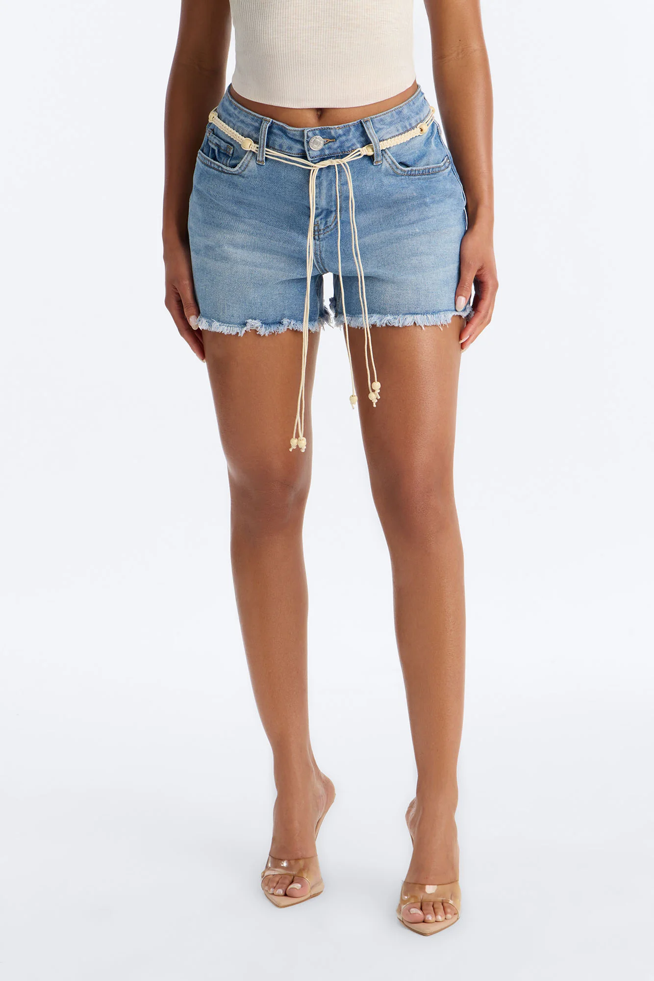 Indio Valley Belted Cut Off Denim Shorts - Medium Wash - Image 3