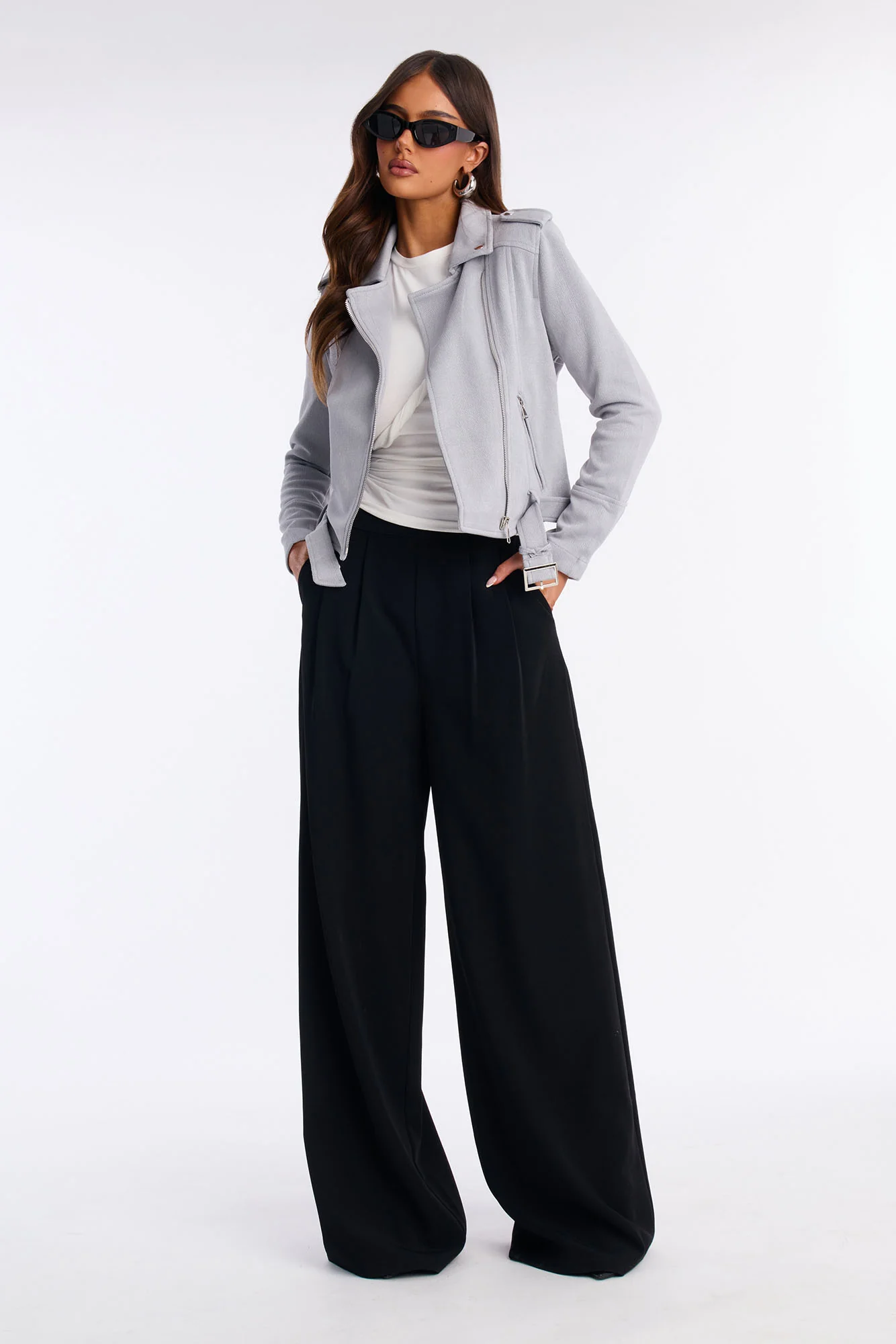 Inez Faux Suede Belted Moto Jacket - Dusty Blue - Image 3