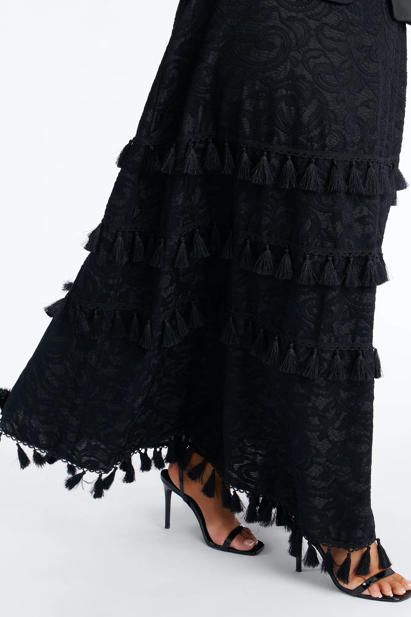 Inez Fringe Trim Belted Maxi Skirt Set - Black - Image 9