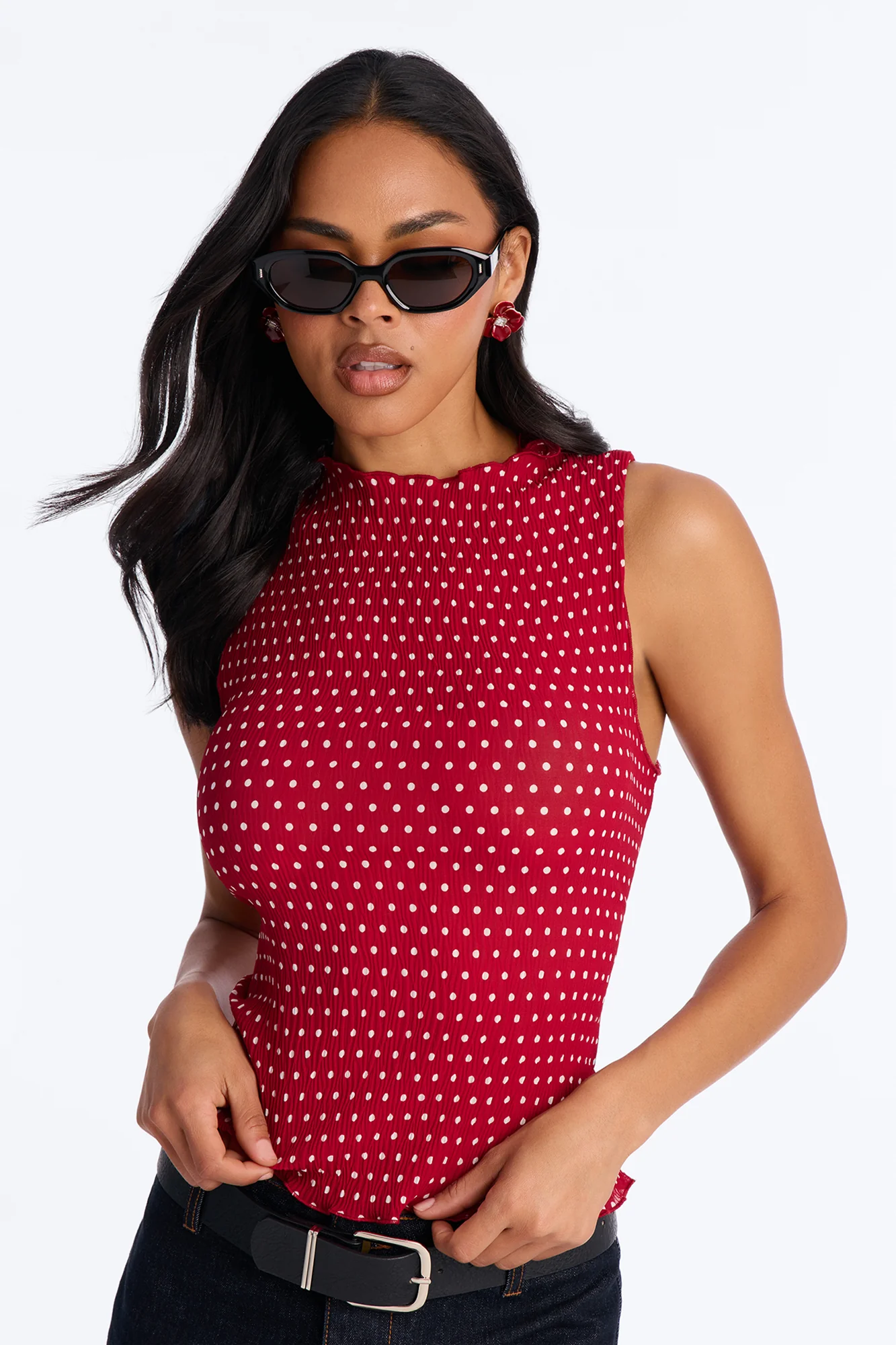 Into Paradise Mock Neck Polka Dot Plisse Top - Red/combo