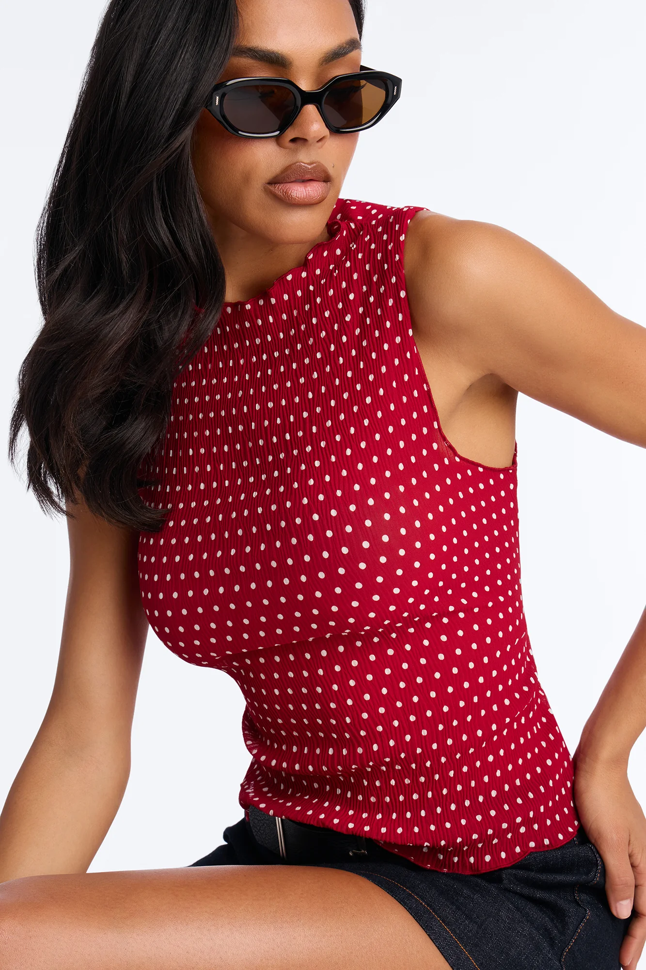 Into Paradise Mock Neck Polka Dot Plisse Top - Red/combo - Image 3